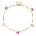 14k Pink and White Enameled Butterfly Dangles 9 inch Plus 1 inch Extender - Total 10 inch Anklet
