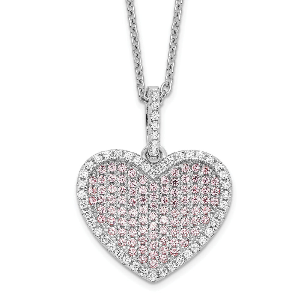 Brilliant Embers Sterling Silver Rhodium-plated 142 Stone 18 inch White and Pink CZ Heart Necklace with 2 Inch Extender