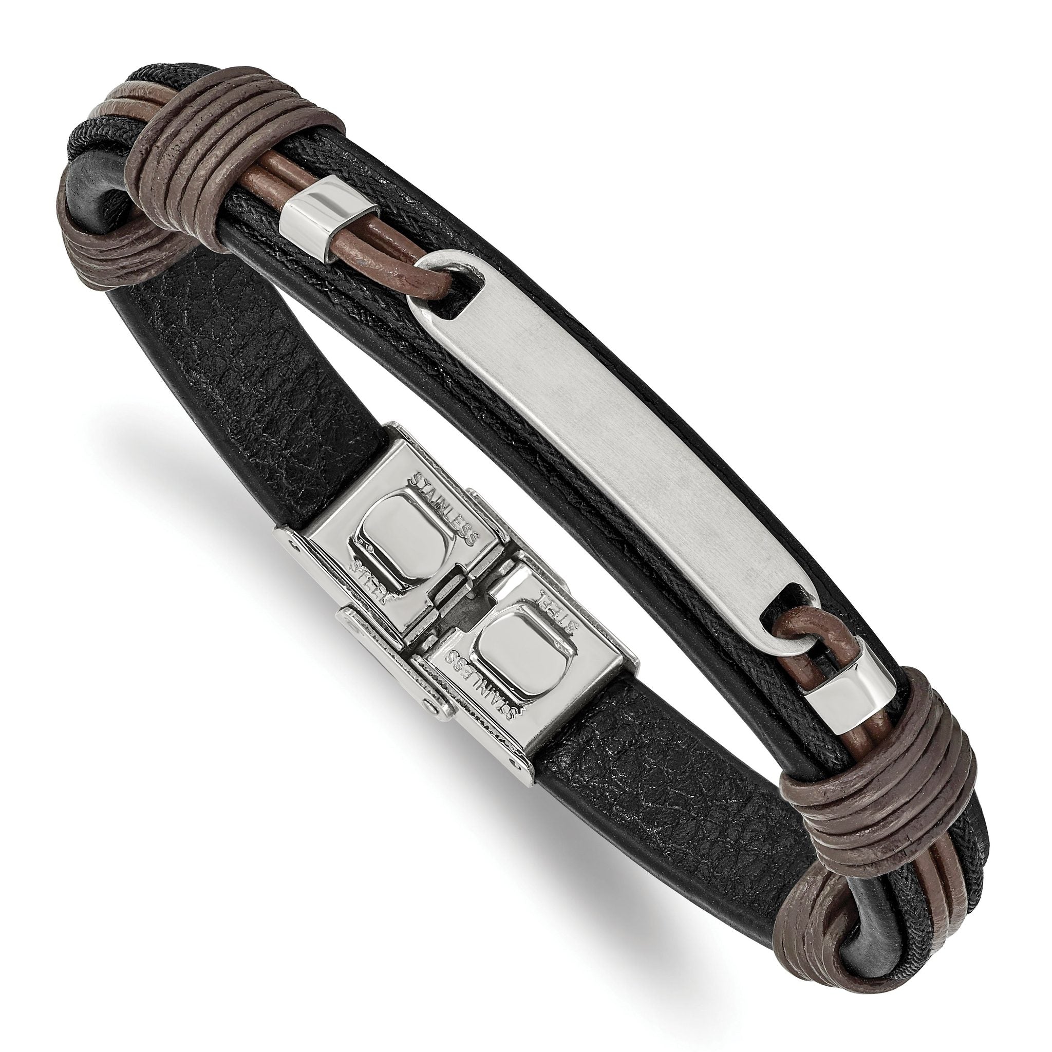Stainless Steel Polished Black and Brown Leather ID Bracelet for Men Main image