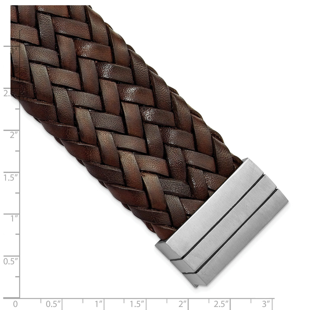 Stainless Steel Brushed & Brown Italian Woven Leather Bracelet for Women