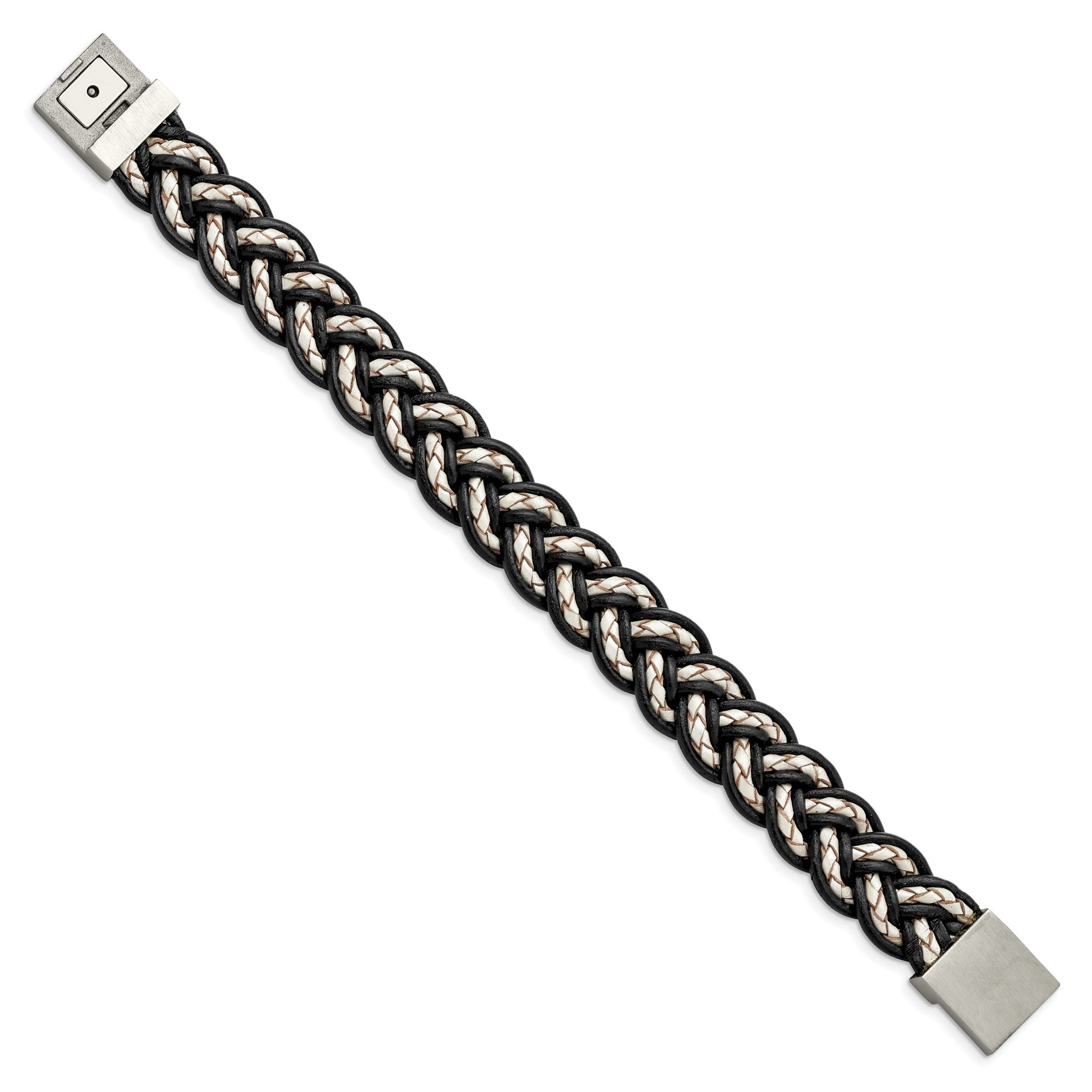 Stainless Steel Brushed Black and Cream Woven Leather Bracelet for Men Main image