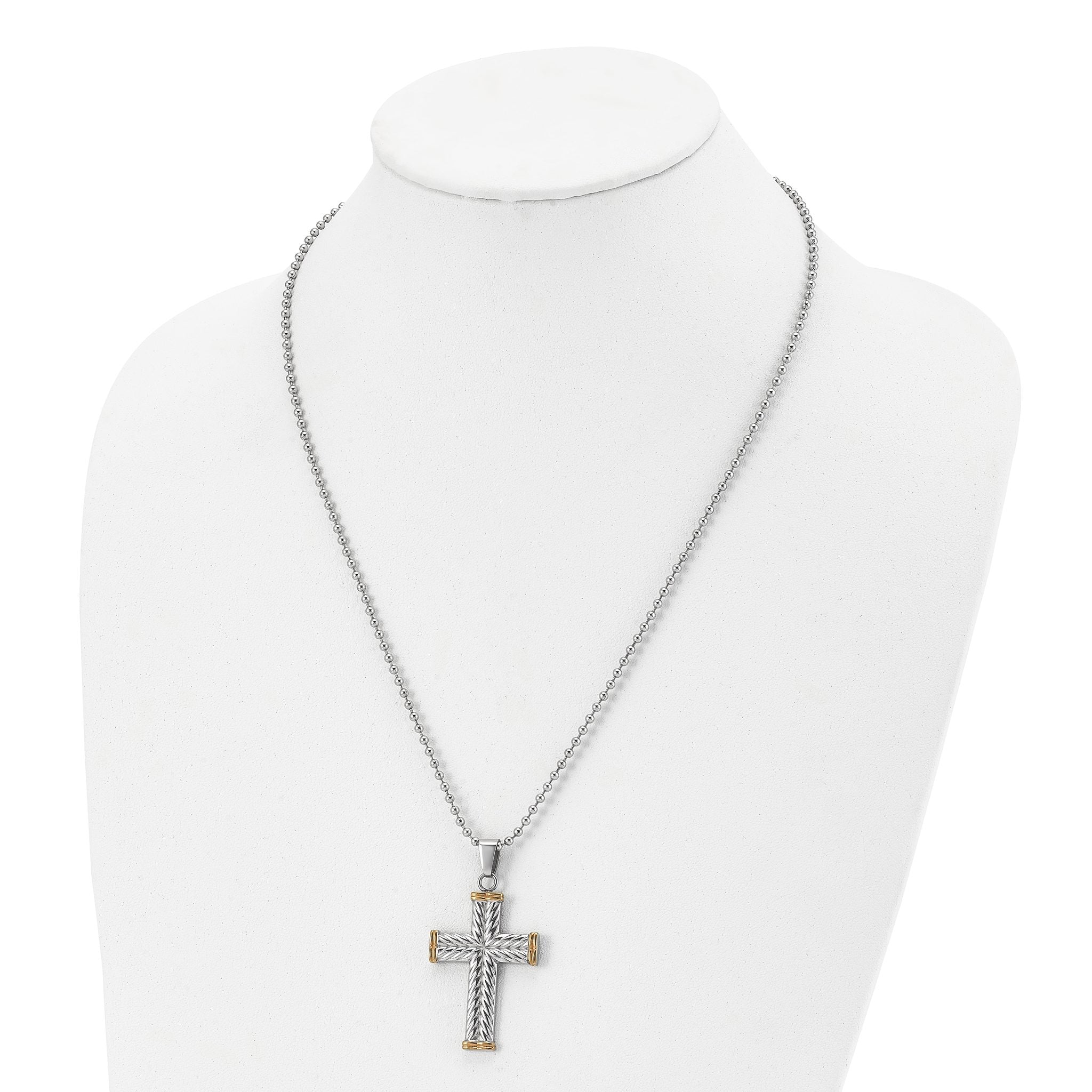 Chisel Stainless Steel Polished and Textured Yellow IP-plated Cross Pendant on a 22 inch Ball Chain Necklace Secondary image