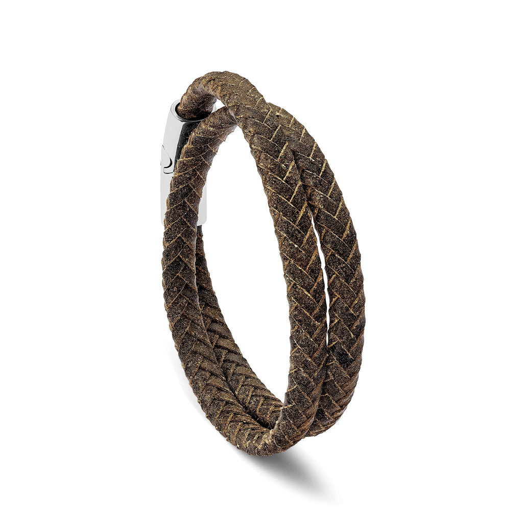 Stainless Steel Polished Brown Braided Leather Wrap Bracelet
