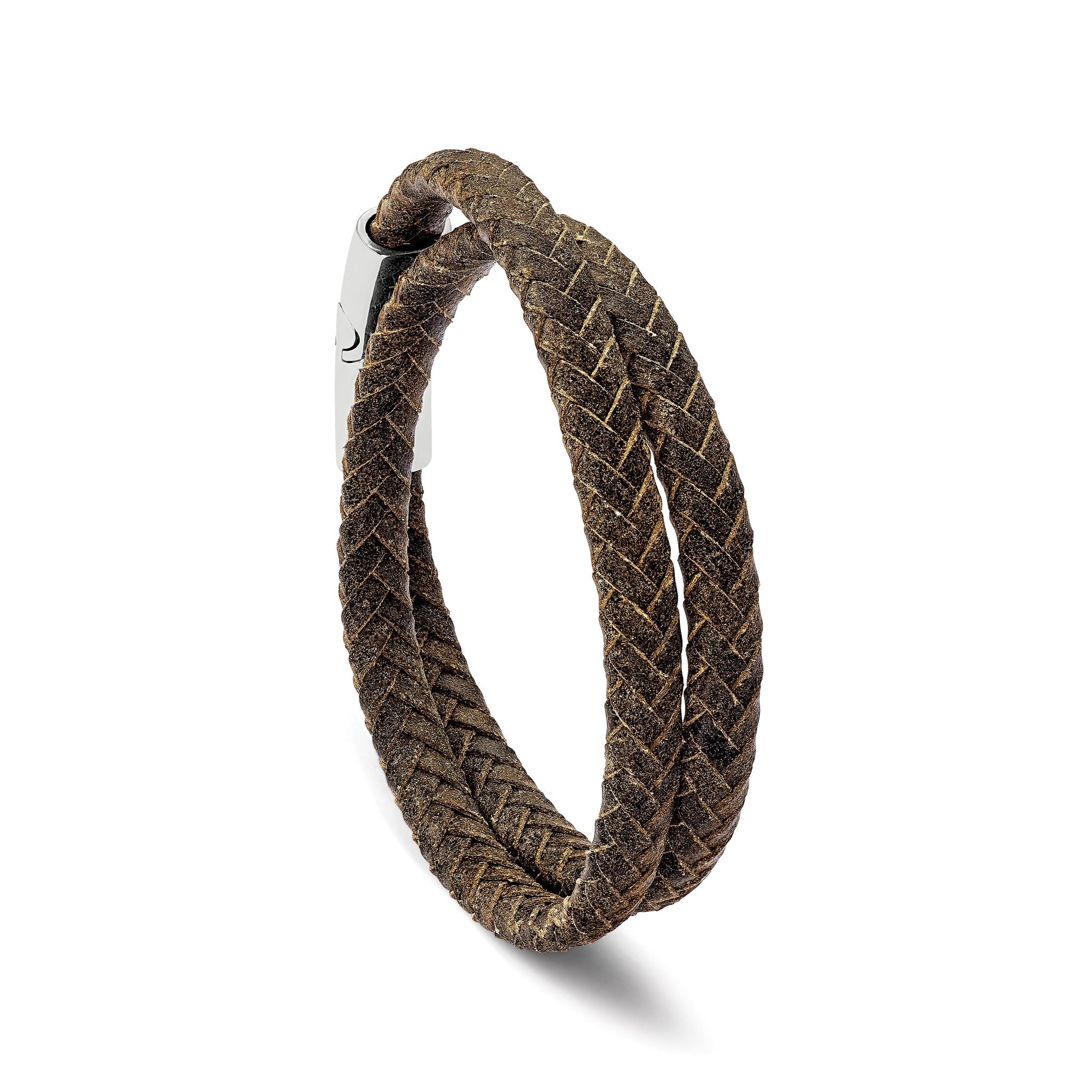 Stainless Steel Polished Brown Braided Leather Wrap Bracelet