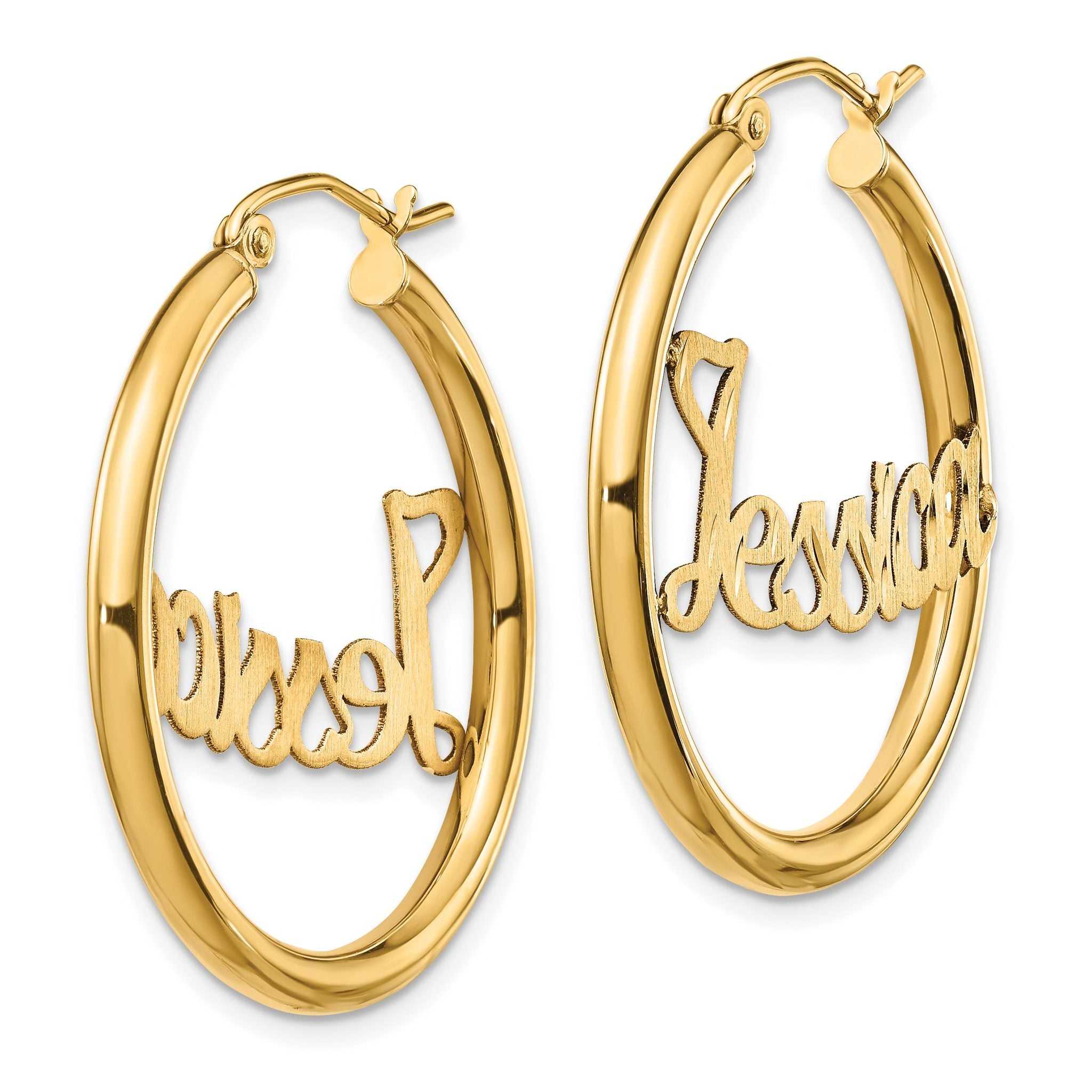 14K Satin and Diamond Cut Name Plate Hoop Earrings Secondary image