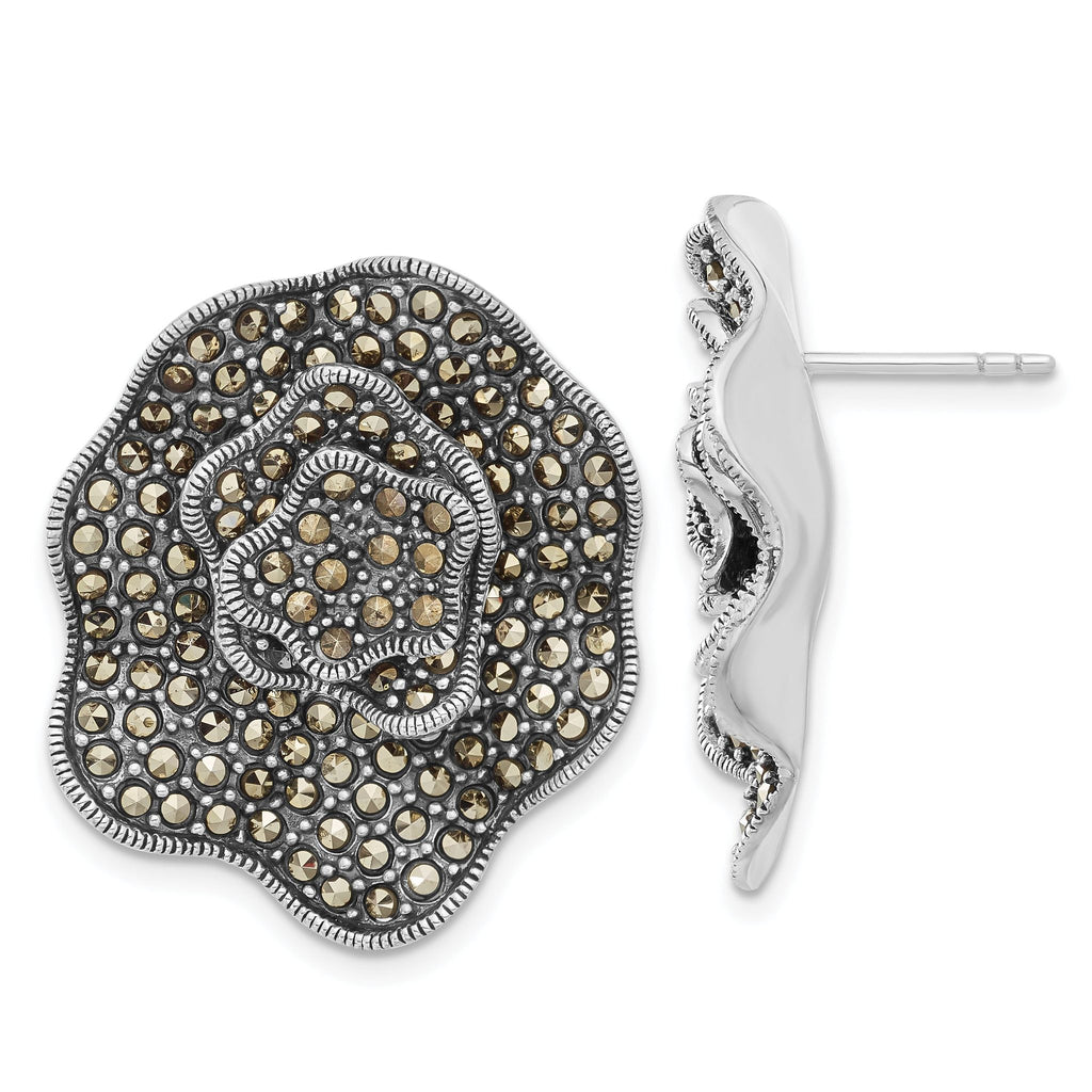 Sophia Jewelers 925 Sterling Silver Marcasite Floral Button Earrings Vintage Finish