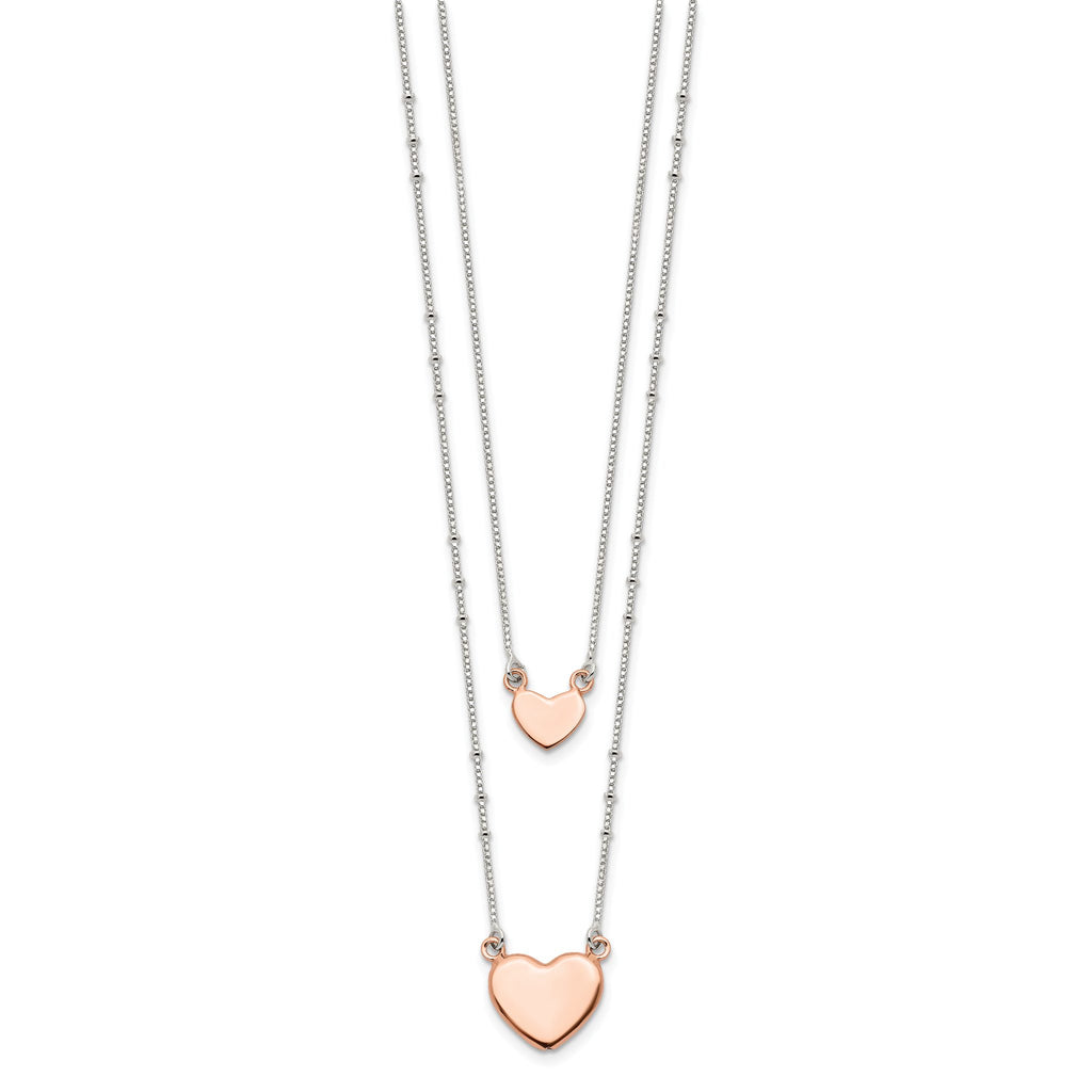 Sterling Silver Rose-tone 2-Strand Heart Dangle Necklace