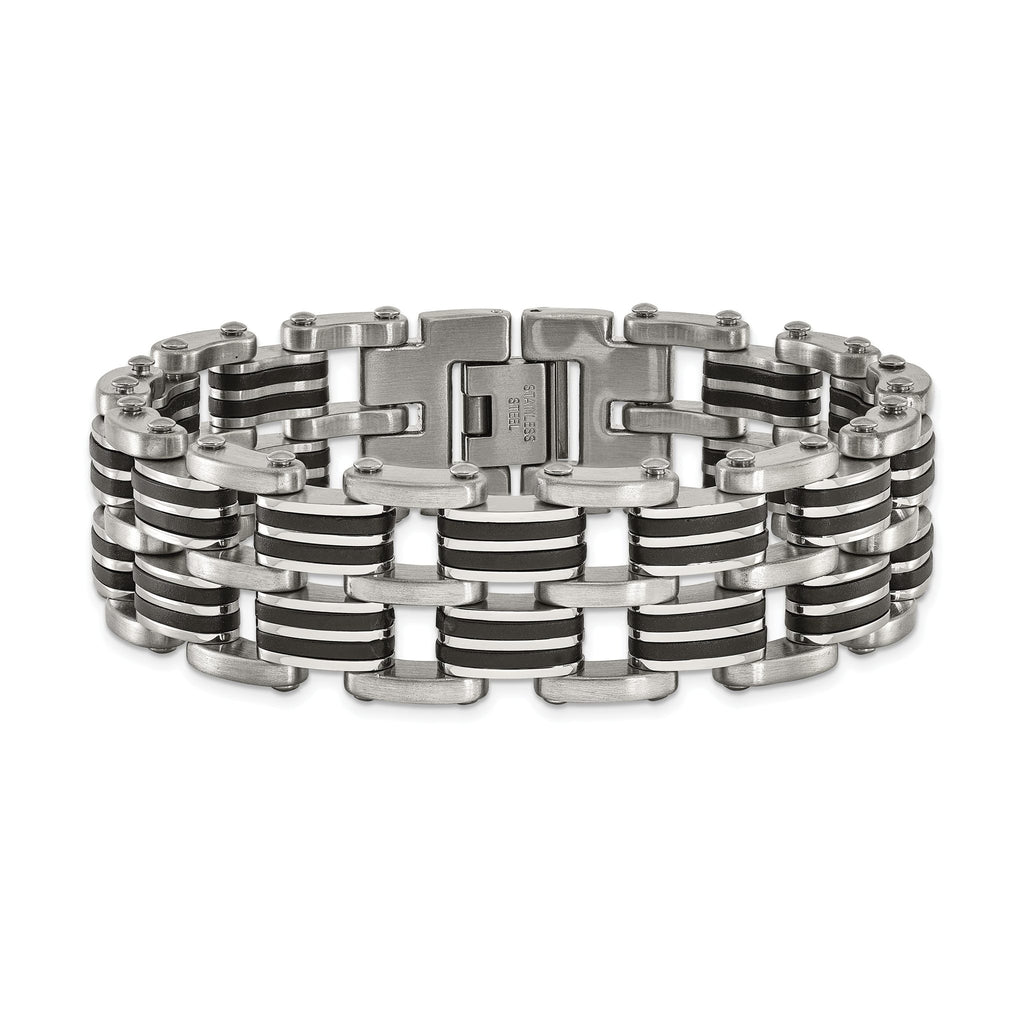 Stainless Steel Brushed and Polished with Black Rubber Inlay Link Bracelet for Men