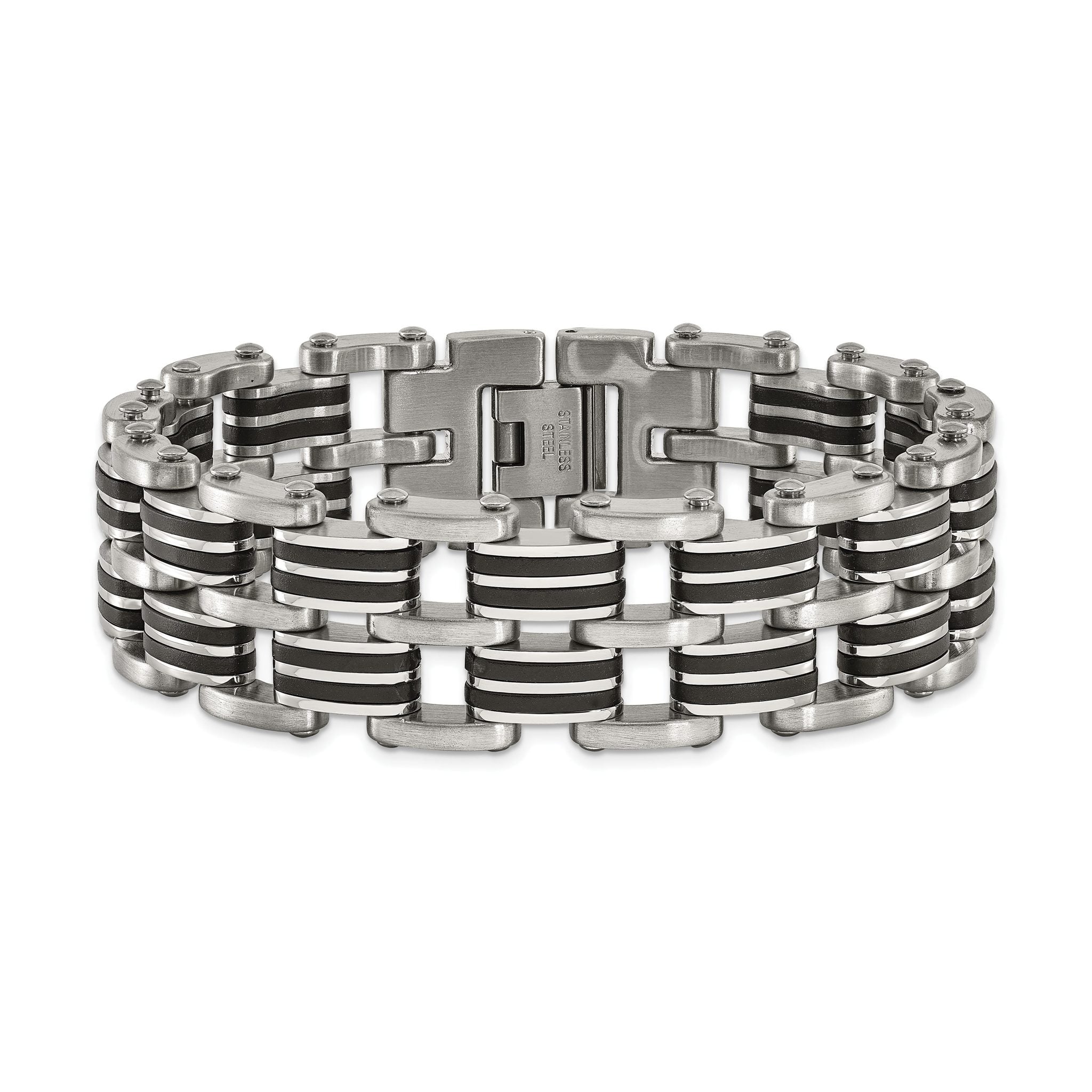 Stainless Steel Brushed and Polished with Black Rubber Inlay Link Bracelet for Men