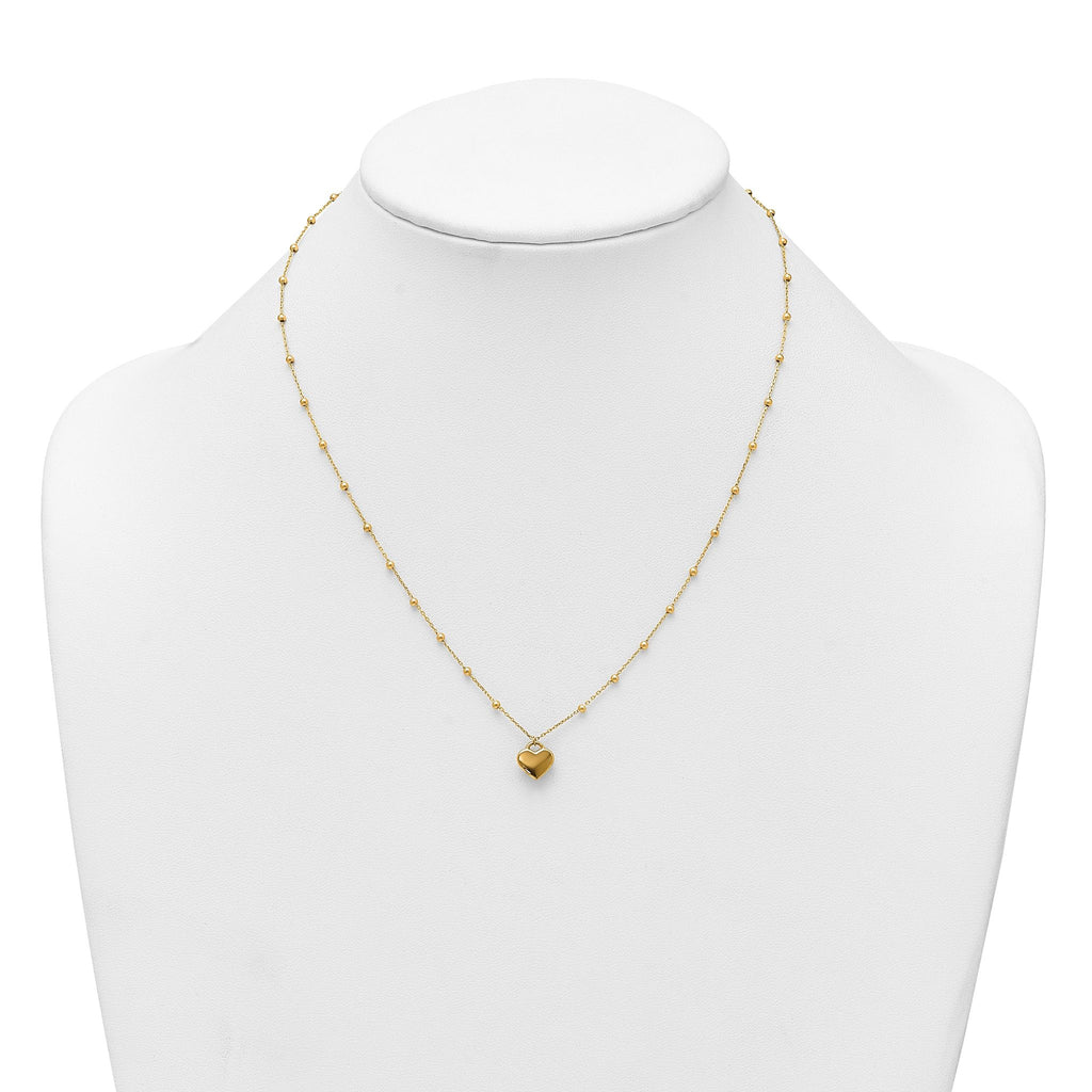 14k Polished Heart Pendant and Beaded Chain 16 inch Necklace Plus 2 inch Extender