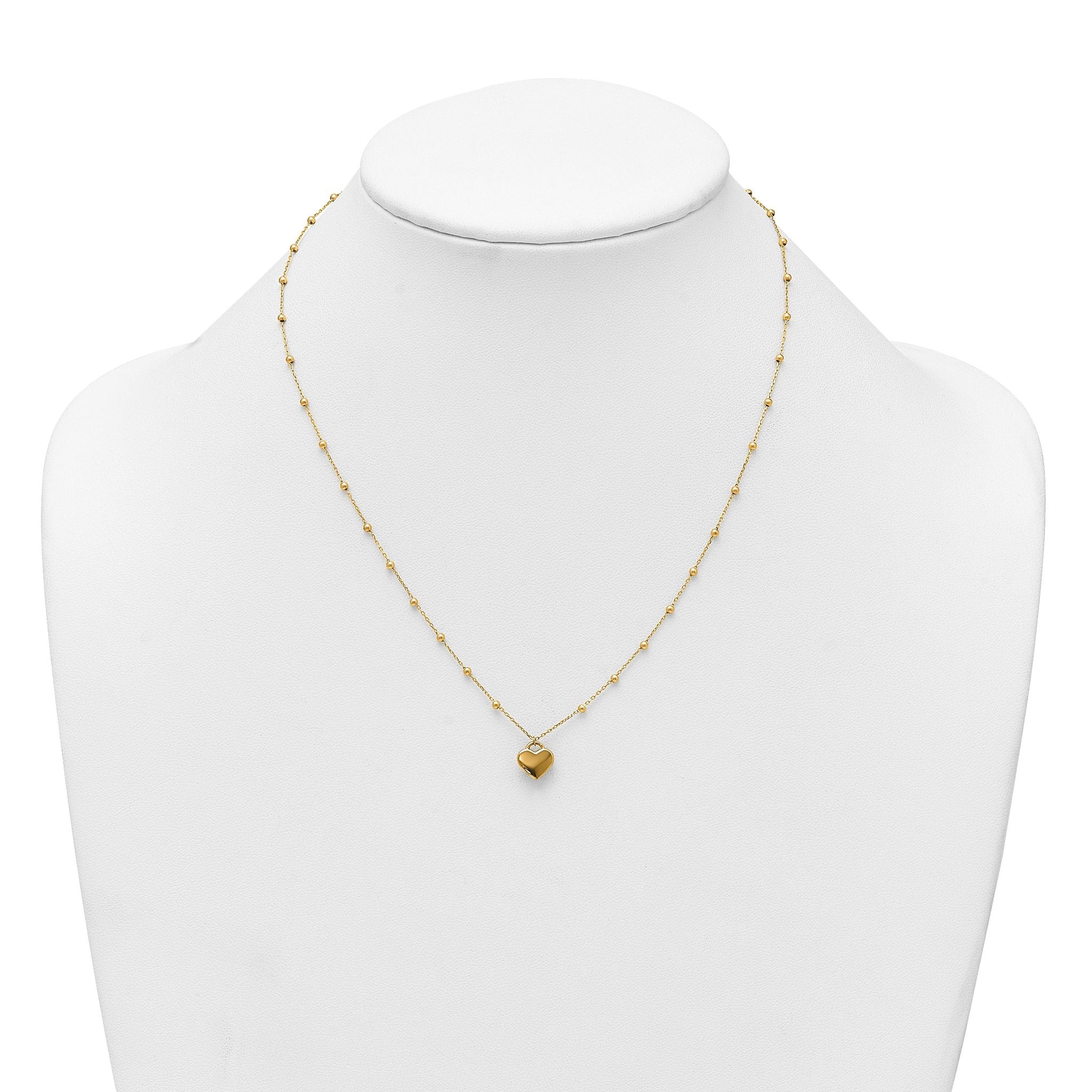 14k Polished Heart Pendant and Beaded Chain 16 inch Necklace Plus 2 inch Extender