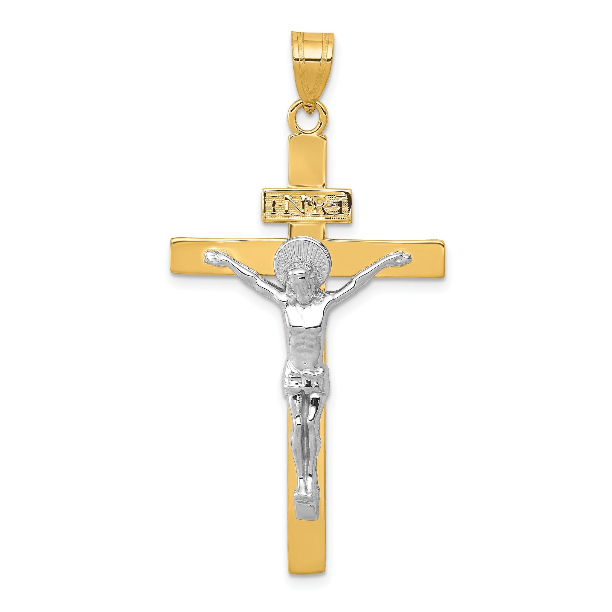 14K Two-Tone Gold INRI Crucifix Pendant with Polished Finish Elegant Design