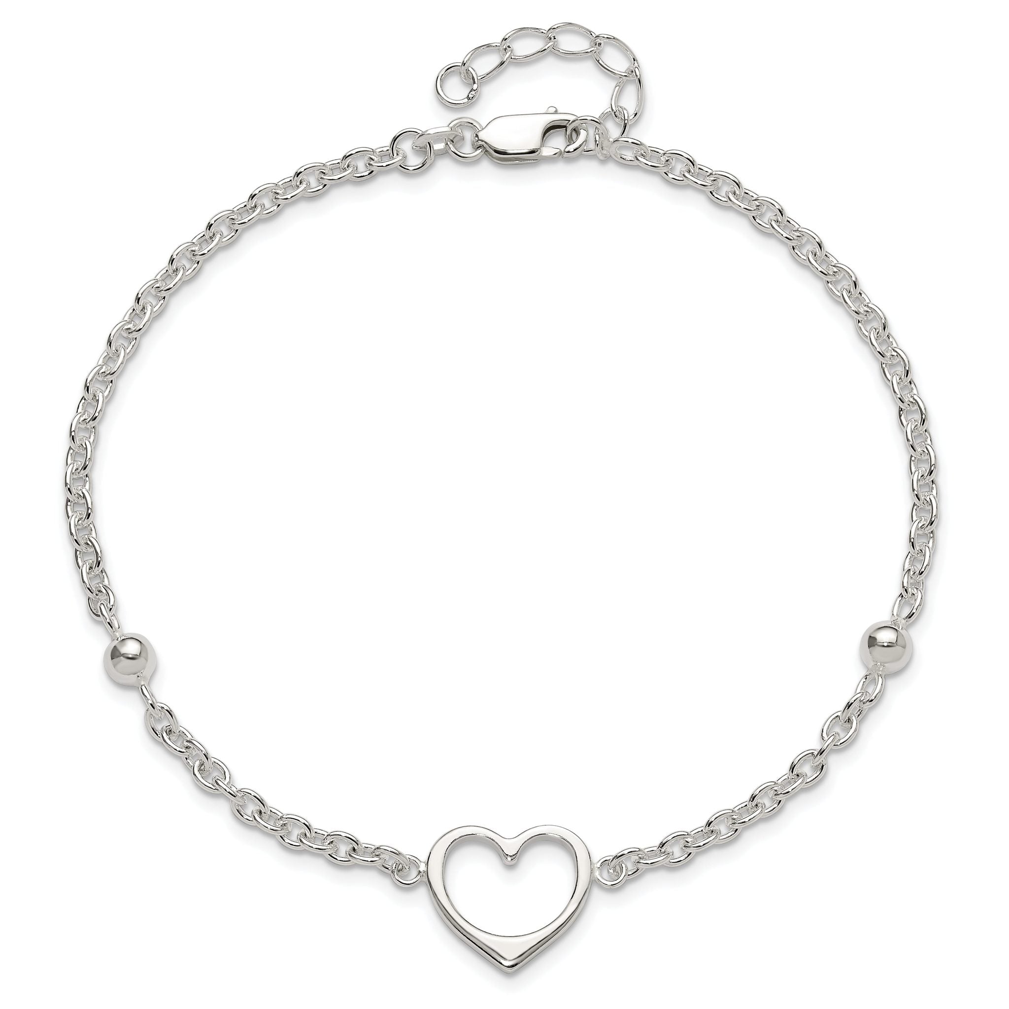 Sterling Silver Open Heart and Bead 9 inch Plus 1 inch Extender - Total 10 inch Anklet