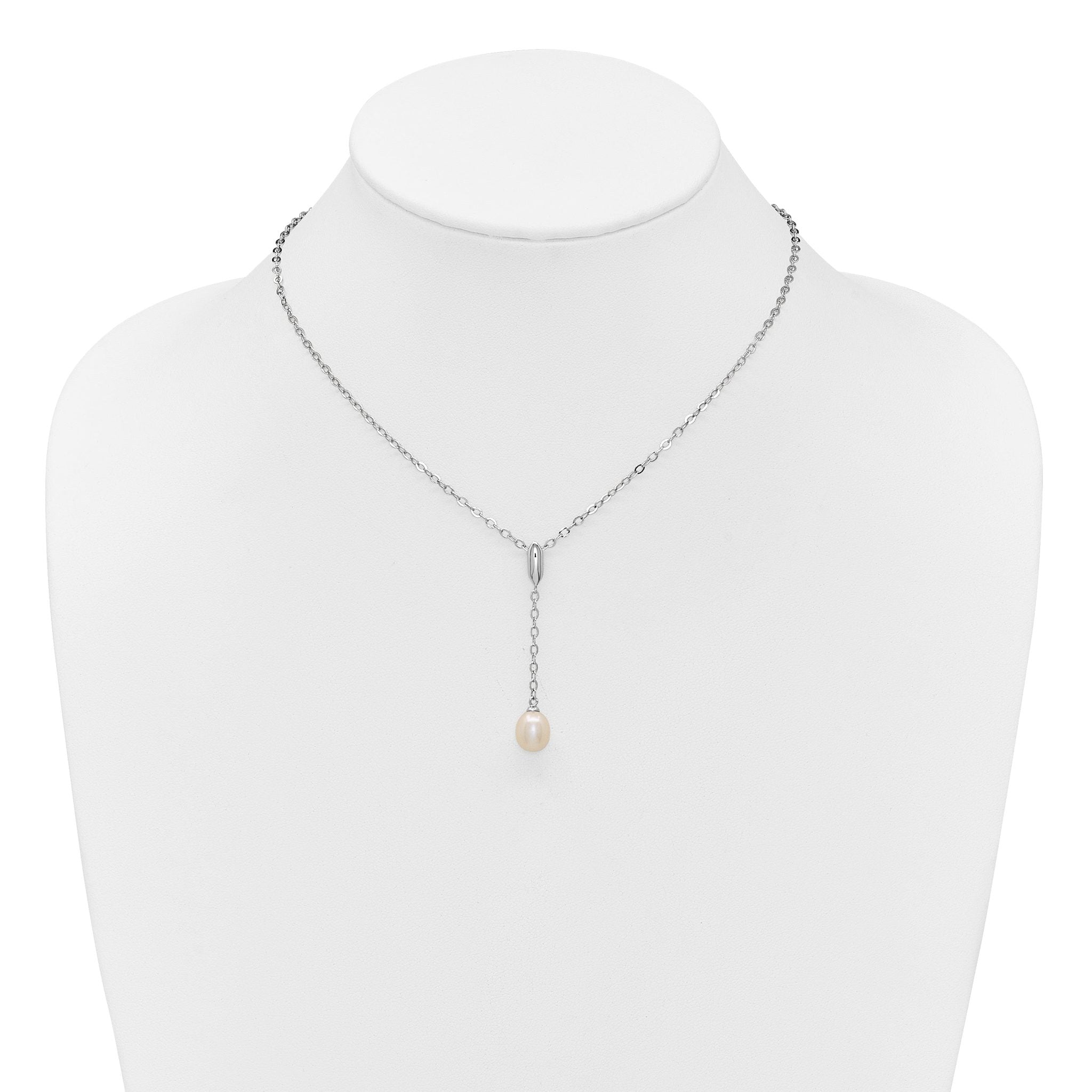 Sterling Silver Rhodium-plated 6-9mm Teardrop White Freshwater Cultured Pearl 16 inch Y-Necklace and Chain Dangle Post Earring Set