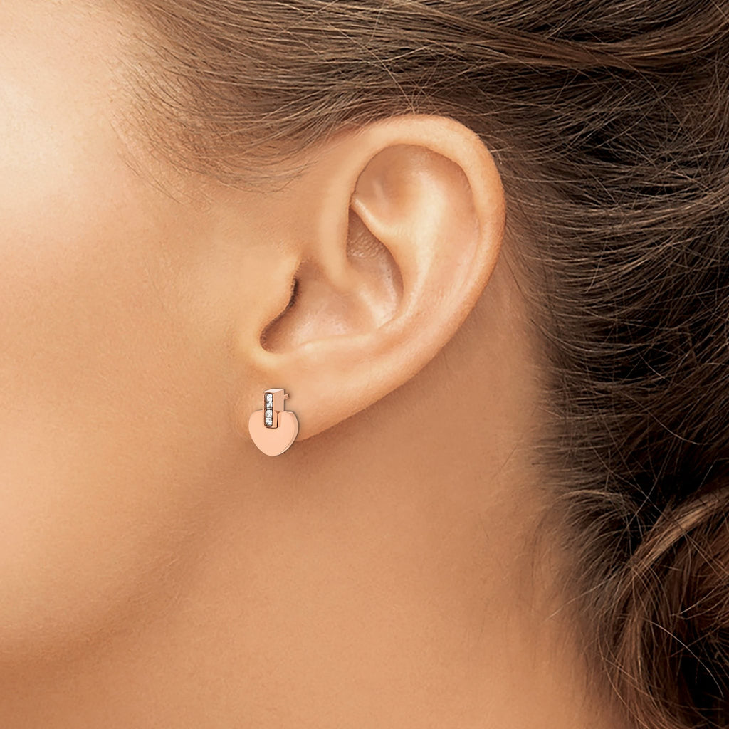 Stainless Steel Rose Gold-Tone Polished Heart Cubic Zirconia Button Earrings for Women