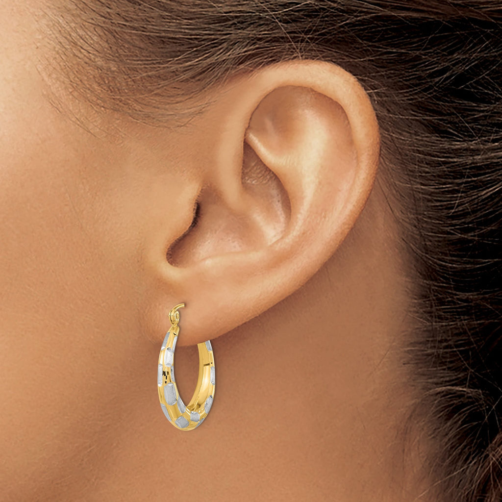 14k White Rhodium Polished Satin Diamond-cut Hoop Earrings