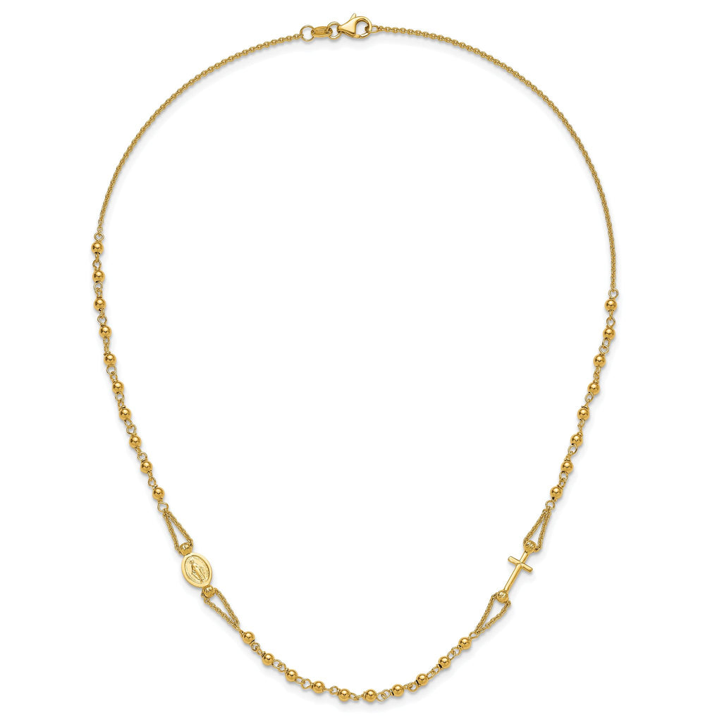 14K Polish/Dia-cut/Beaded Religious Rosary Style Necklace