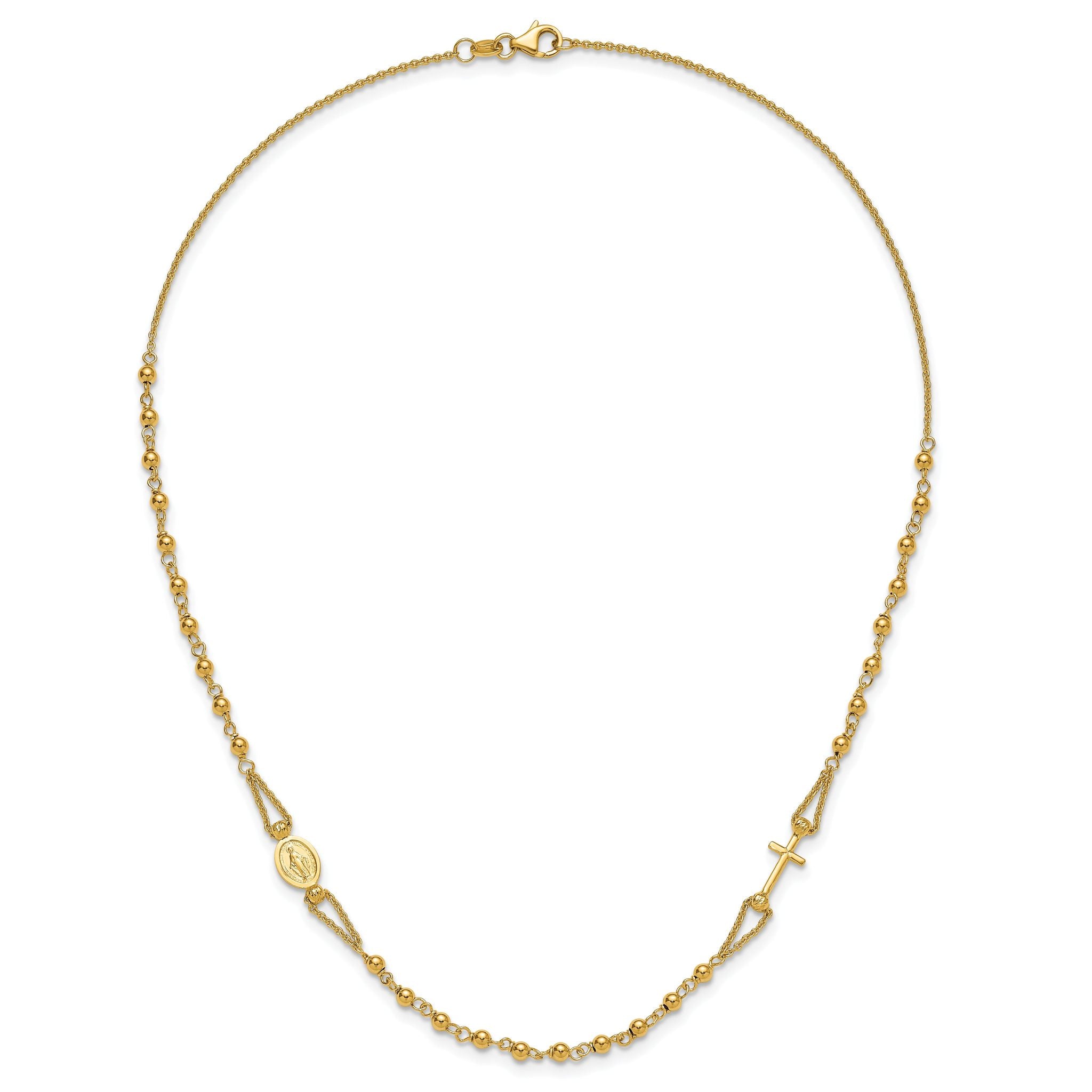 14K Polish/Dia-cut/Beaded Religious Rosary Style Necklace