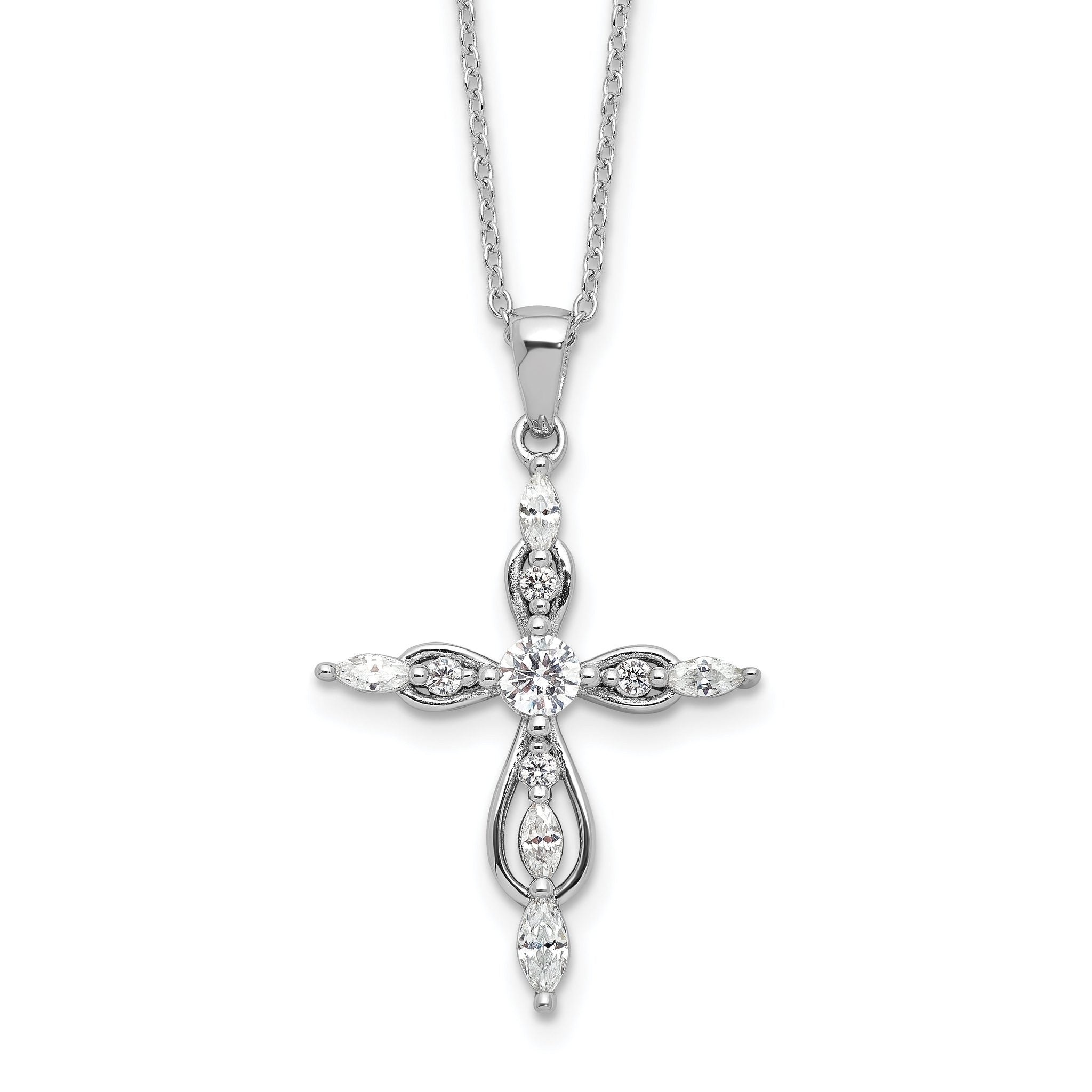 Cheryl M Sterling Silver Rhodium-plated Brilliant-cut and Marquise-cut CZ Cross 18 Inch Necklace with 2 Inch Extender Main image