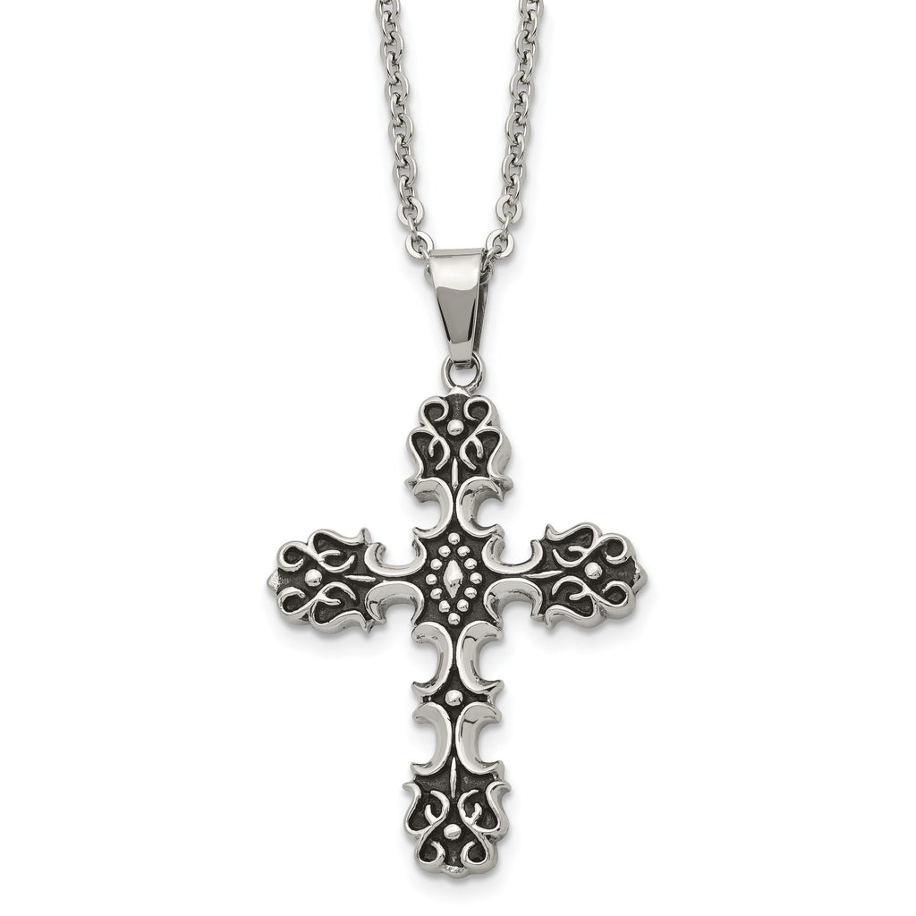 Chisel Stainless Steel Antiqued Polished and Textured Cross Pendant on a 22 inch Cable Chain Necklace