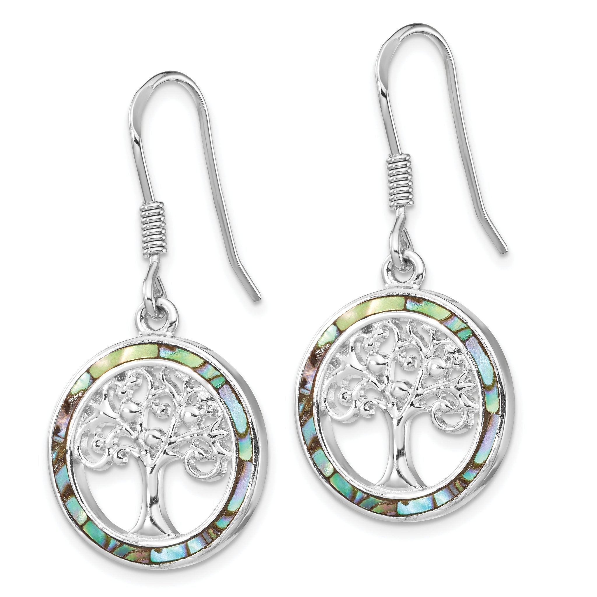 Sterling Silver Rhodium-plated Abalone Circle w/ Tree Dangle Earrings Secondary image