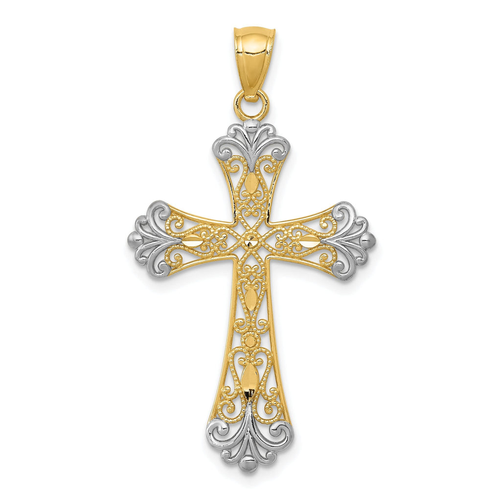 14K Gold Rhodium Plated Diamond-Cut Cross Pendant  Elegant Solid Design