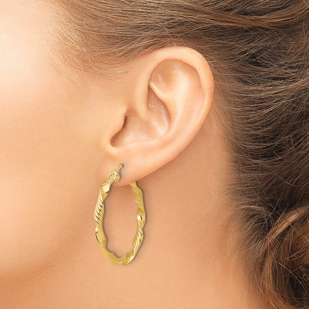 14K Polished and Textured Round Hoops