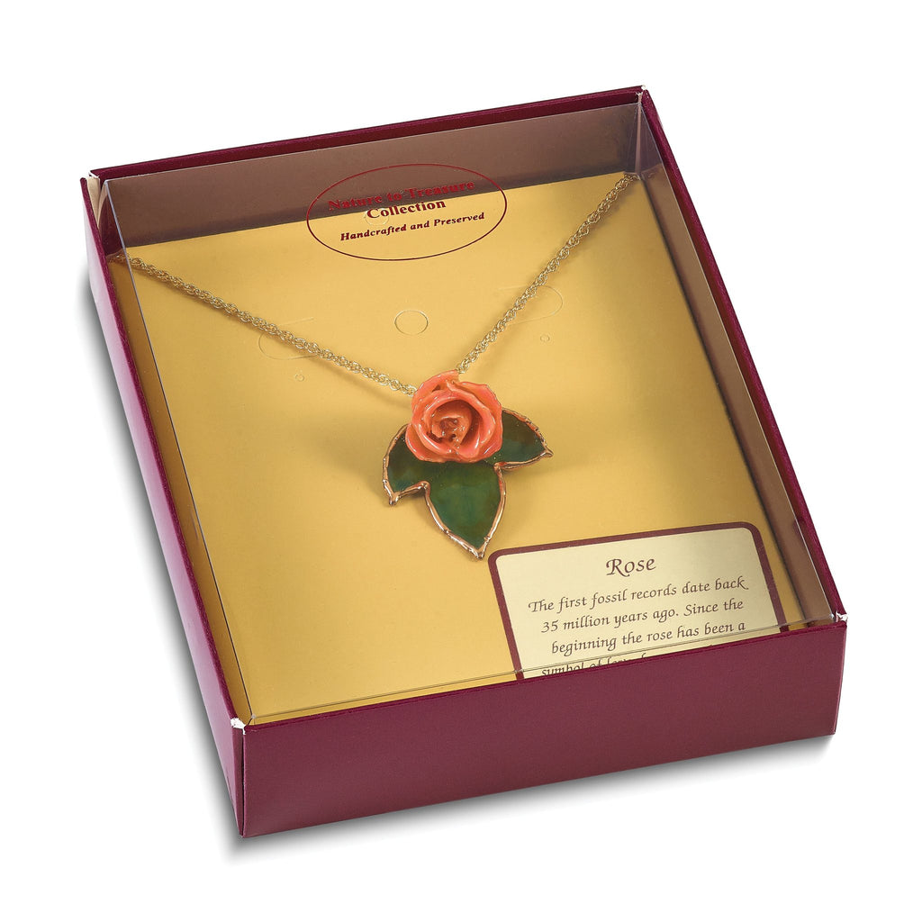 Lacquer Dipped Cream and Pink Real Rose on 24K Gold-trim Lacquered Dipped Leaf 20 inch Gold-tone Necklace