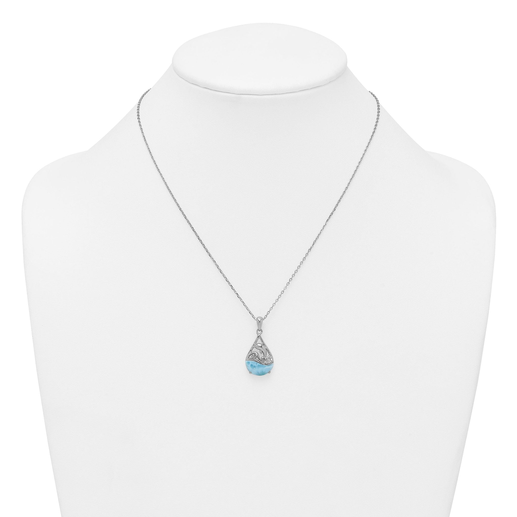 Sterling Silver Rhodium-plated Polished Larimar Dolphin Teardrop 16 Inch with 2 Inch Extension Necklace