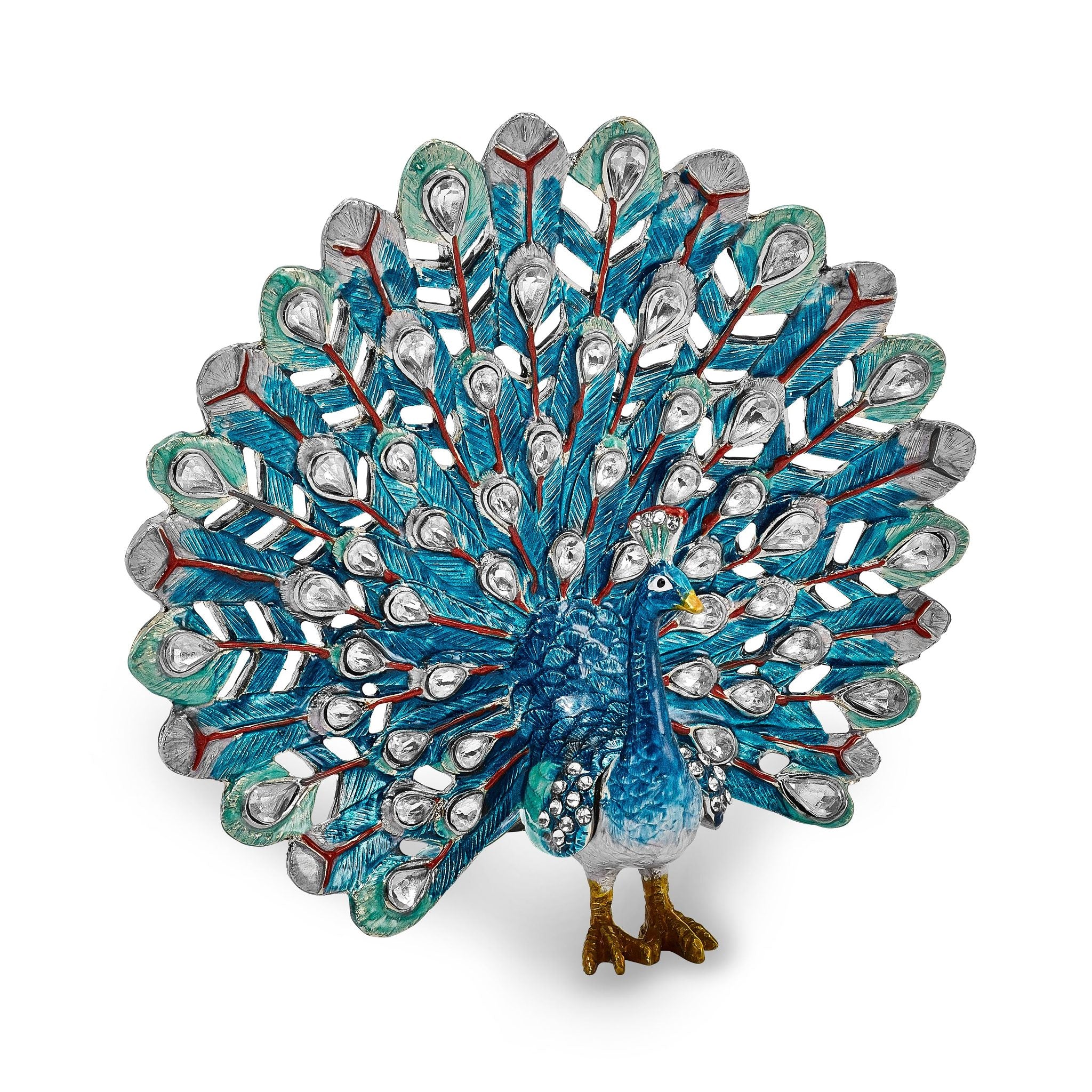 Luxury Giftware Pewter Bejeweled Crystals Silver-tone Enameled IRIDESCENCE Blue Peacock Trinket Box with Matching 18 Inch Necklace Main image