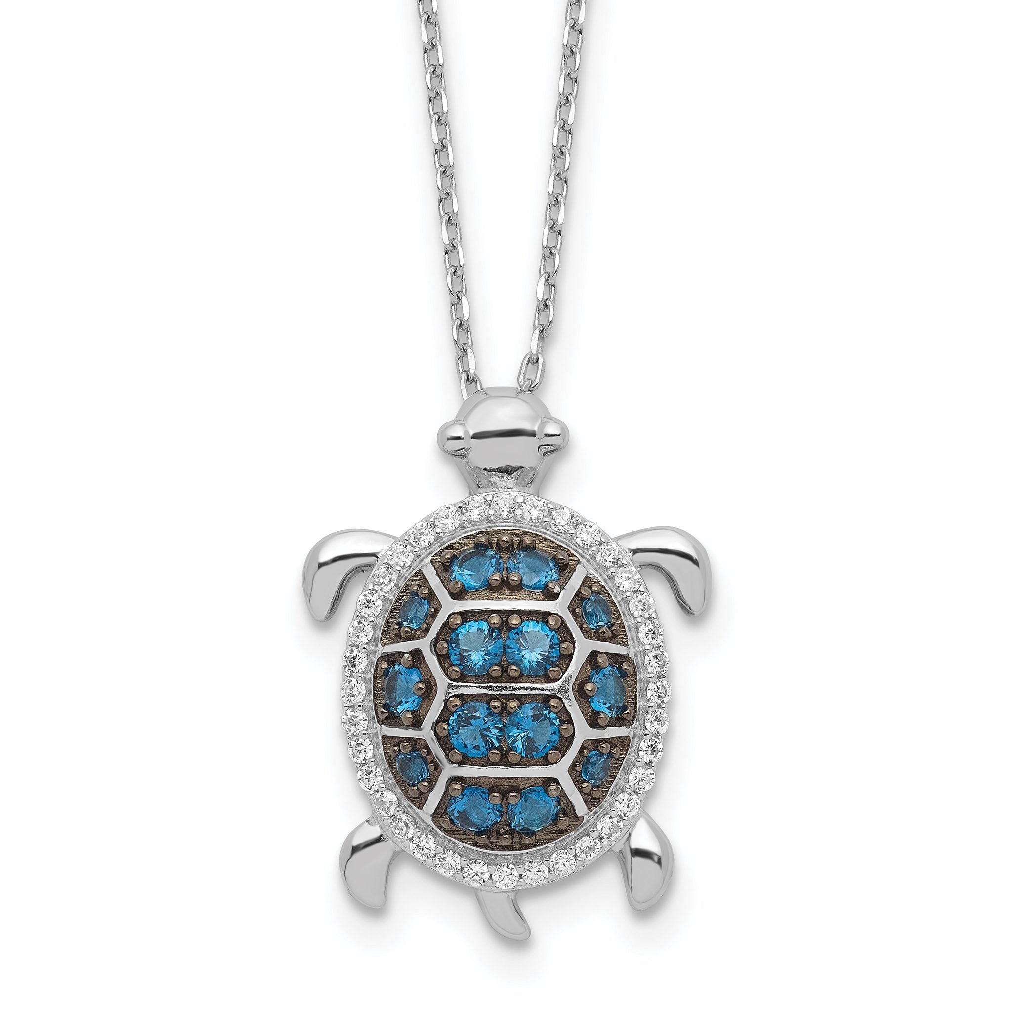 Sterling Silver Rhodium-Rhodium-Plated and Black Rhodium-Platedodium CZ Turtle 16 inch with a 2 inch extention Necklace Main image