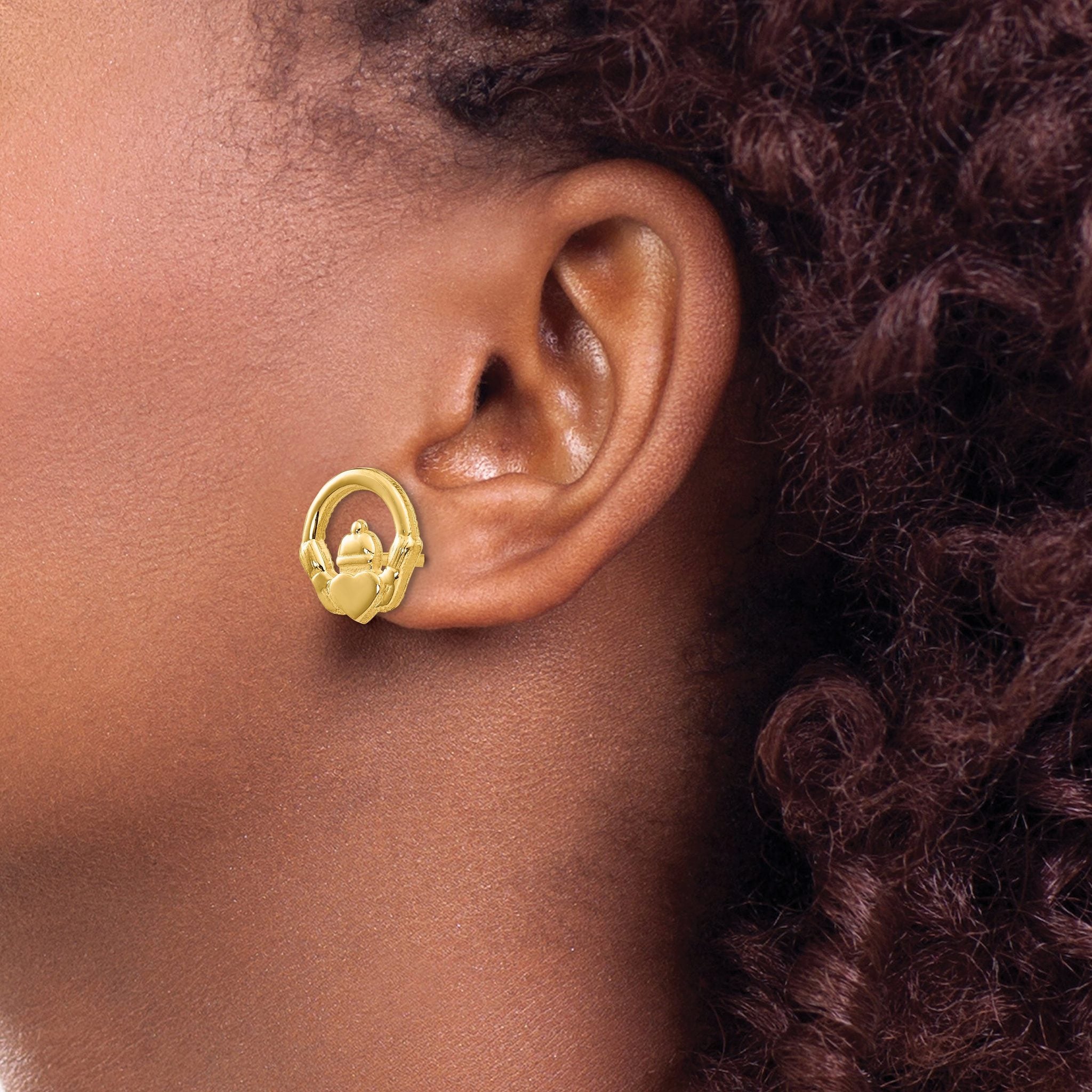 14K Gold Claddagh Earrings with Polished Finish Elegant Button Design