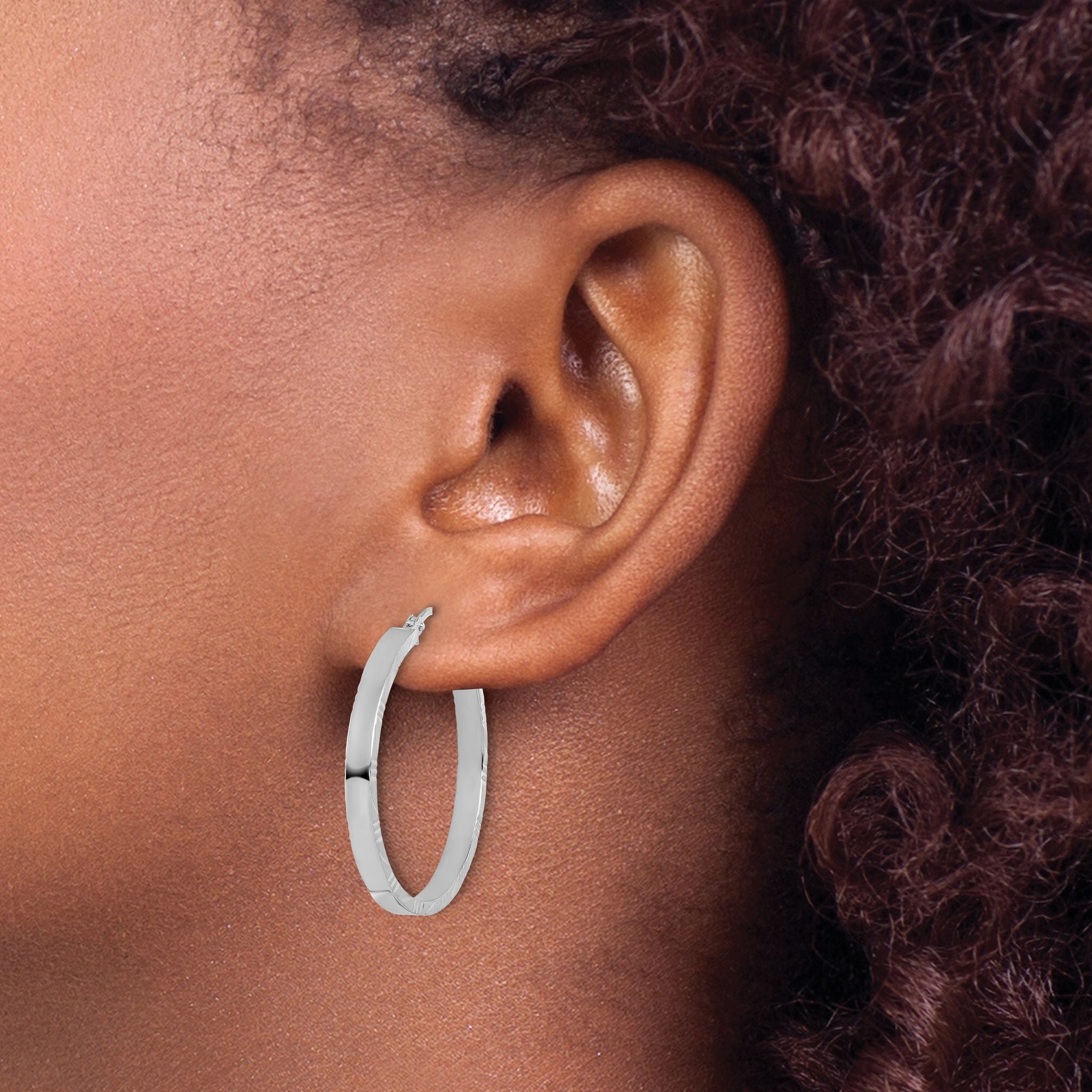 10k White Gold D/C Edge Large 3mm Polished Hoop Earrings