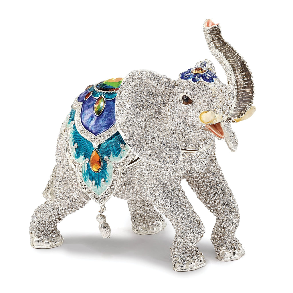 Luxury Giftware Pewter Bejeweled Crystals Gold-tone Enameled BAKUL Full Crystal White Elephant Trinket Box with Matching 18 Inch Necklace