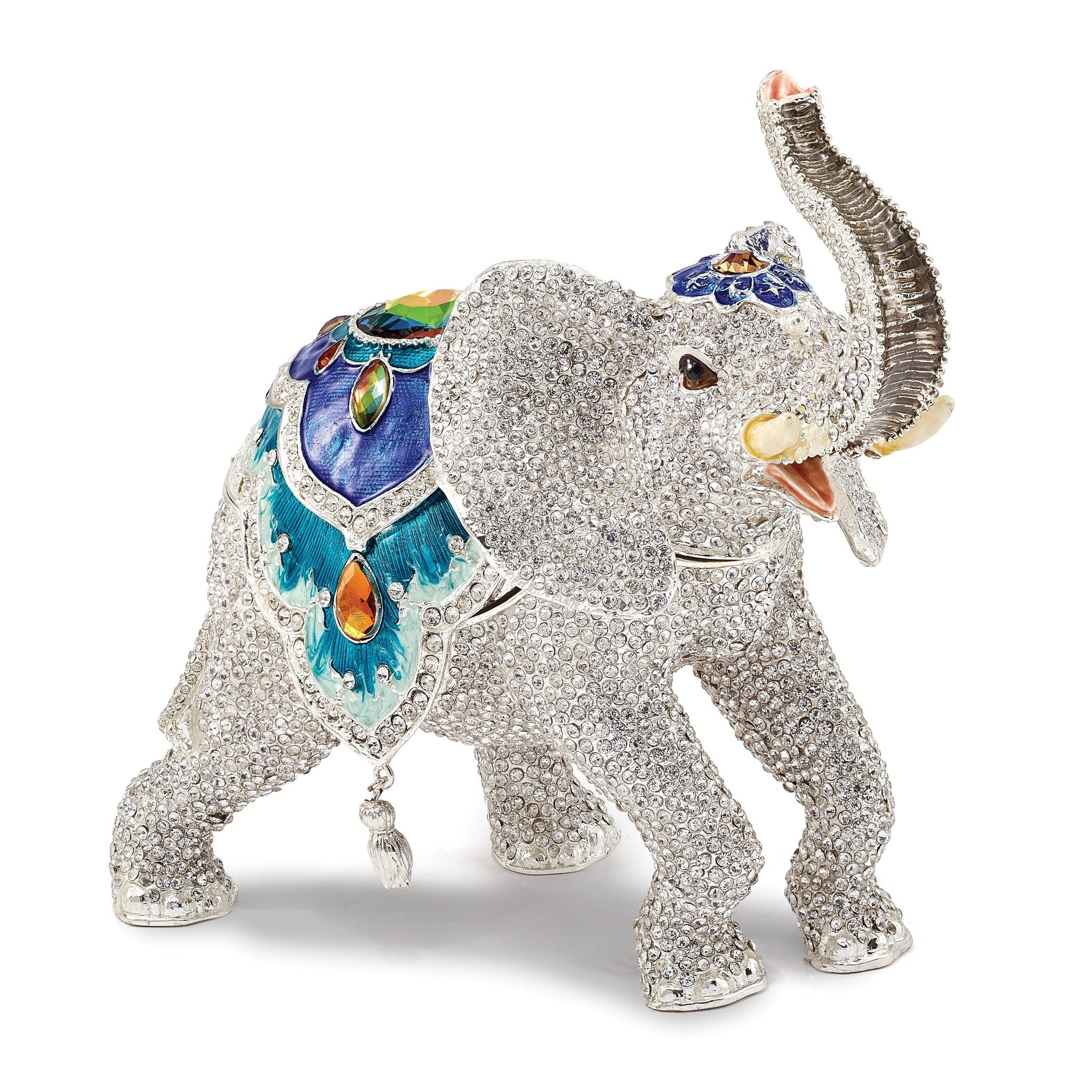 Luxury Giftware Pewter Bejeweled Crystals Gold-tone Enameled BAKUL Full Crystal White Elephant Trinket Box with Matching 18 Inch Necklace