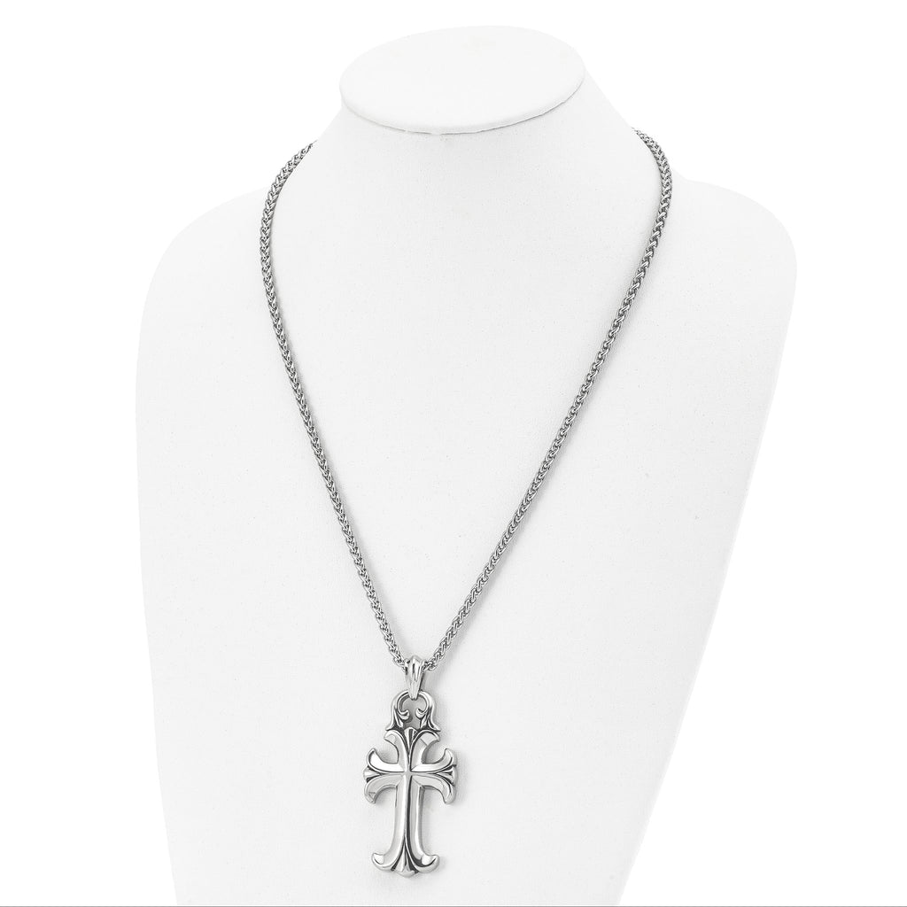 Chisel Stainless Steel Antiqued and Polished Cross Pendant on a 24 inch Spiga Chain Necklace