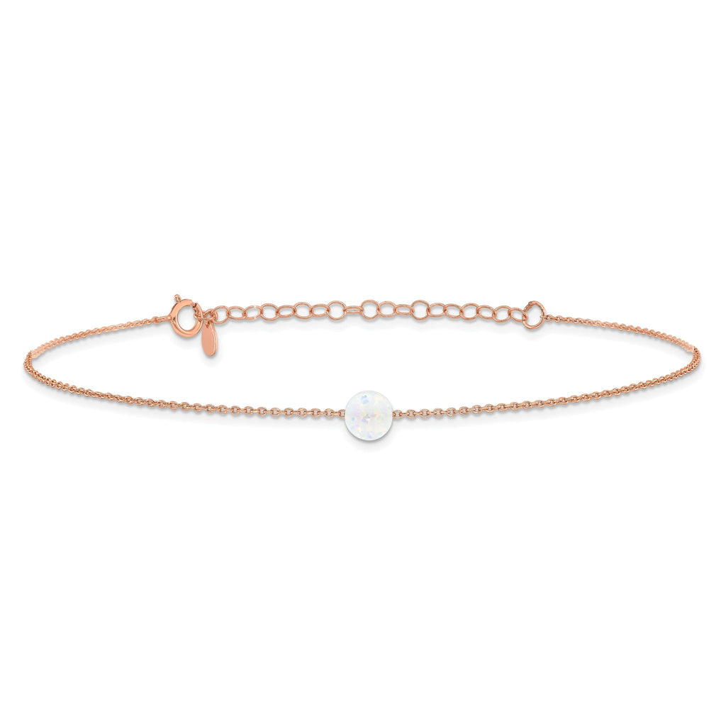 Sterling Silver Rose-tone White Created Opal 9in Plus 2 in ext. Anklet