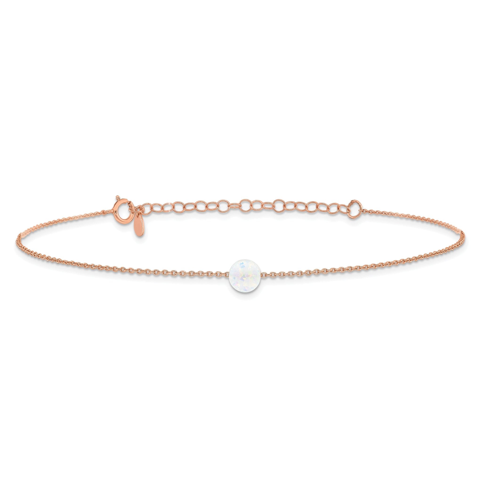 Sterling Silver Rose-tone White Created Opal 9in Plus 2 in ext. Anklet