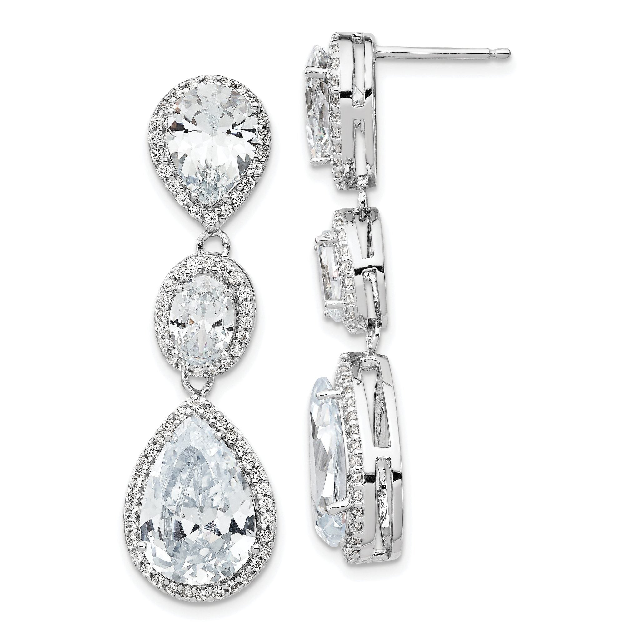 Cheryl M Sterling Silver Rhodium-plated Brilliant-cut Three Teardrop CZ Halo Post Dangle Earrings Main image