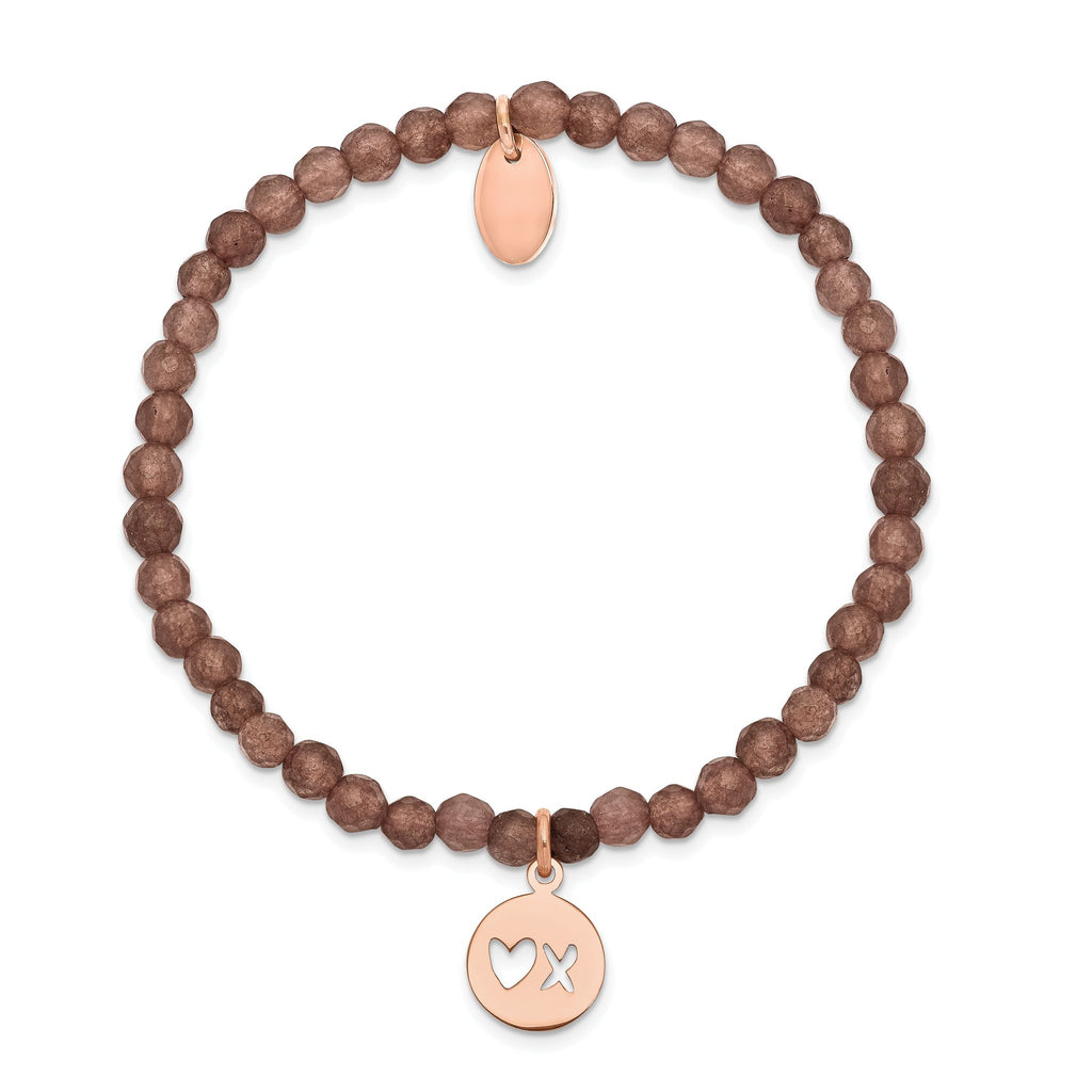 Stainless Steel Polished Rose IP-plated XO 4mm Brown Jade Beaded Stretch Bracelet for Women