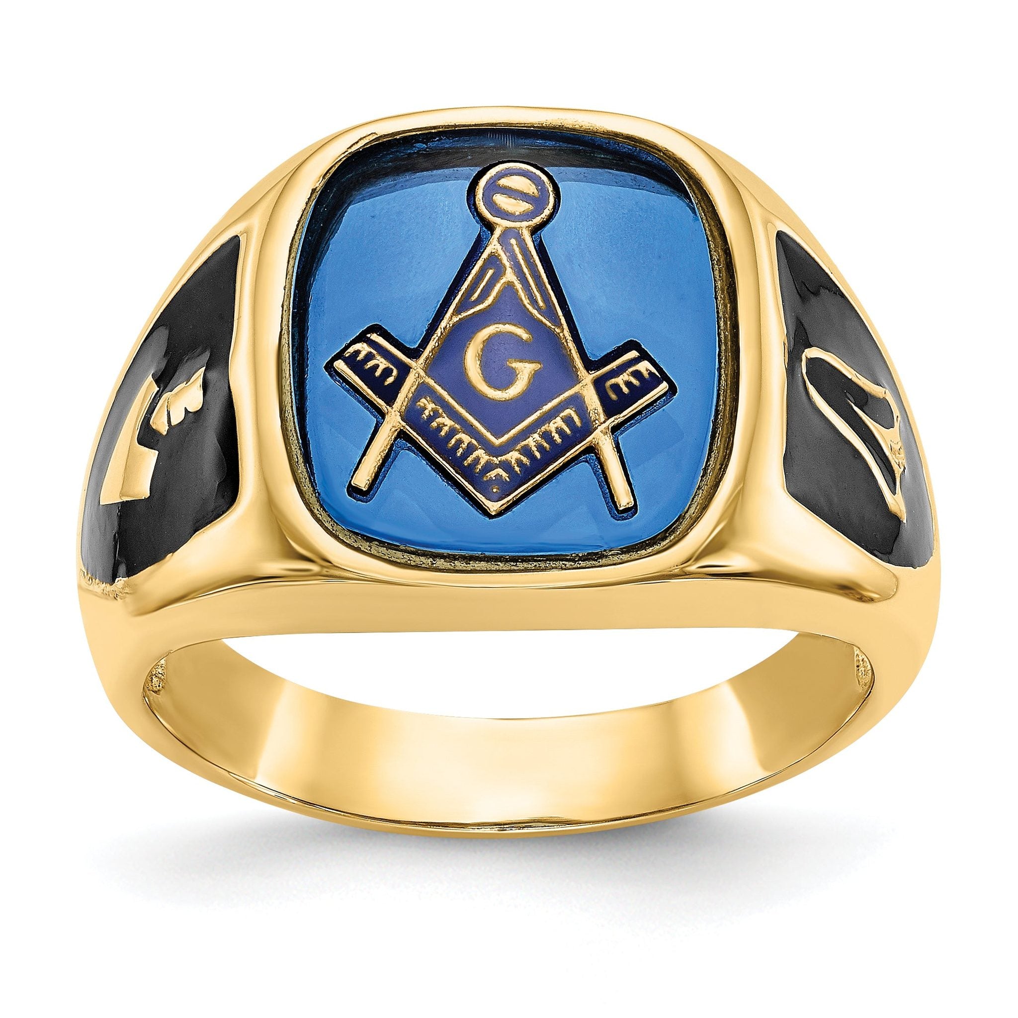 10k Men's Polished, Antiqued and Textured with Imitation Blue Spinel Masonic Ring Main image
