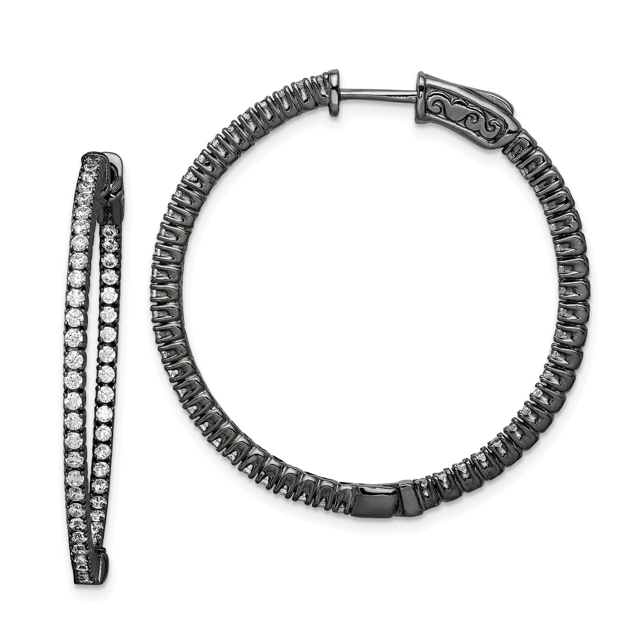 Sterling Shimmer Black Rhodium-plated 100 Stone 1.3mm CZ In and Out Round Hinged Hoop Earrings Main image