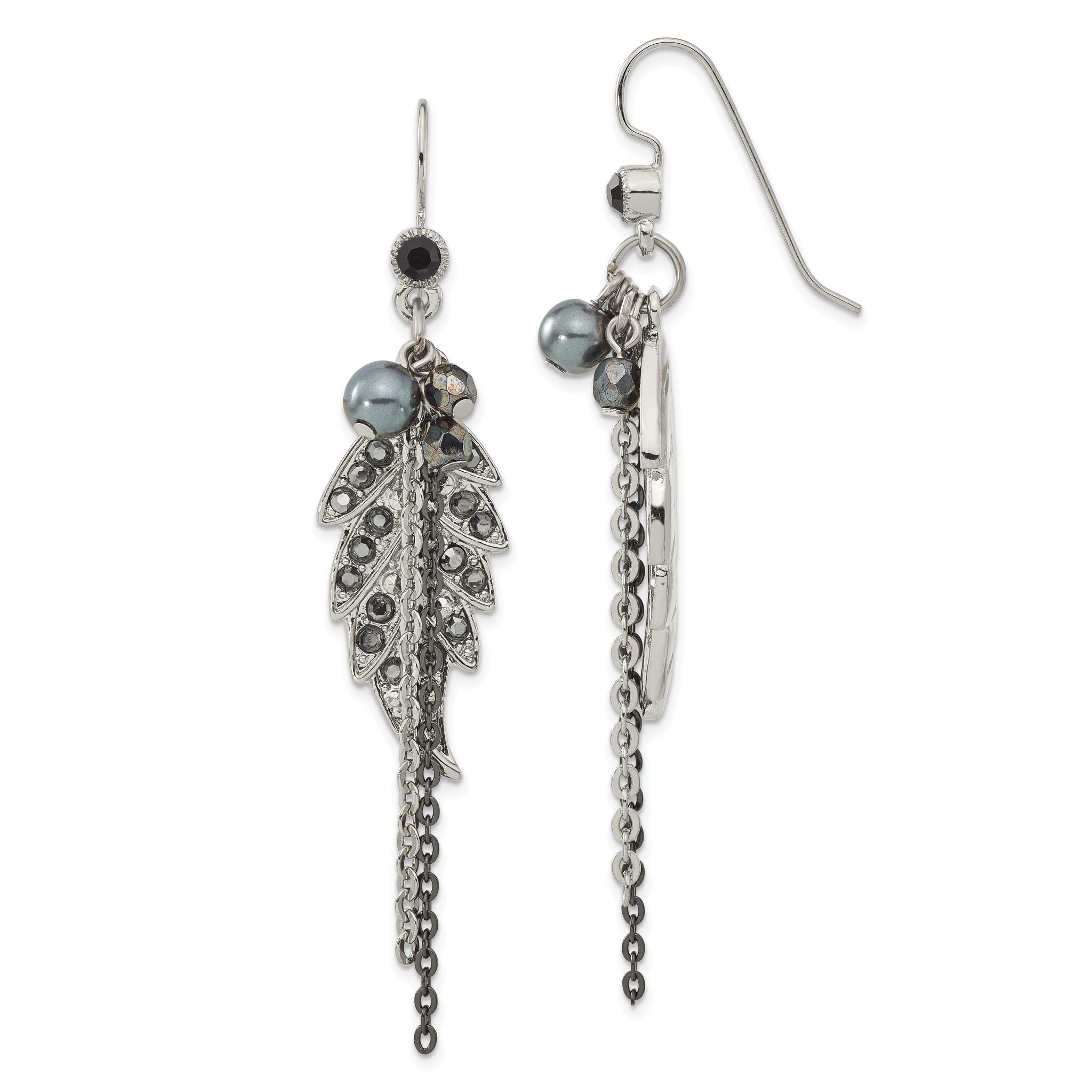 1928 Jewelry Silver-tone and Black-plated Leaf Pattern Jet Black and Hematite Crystal and Glass Beads Dangle Earrings Main image