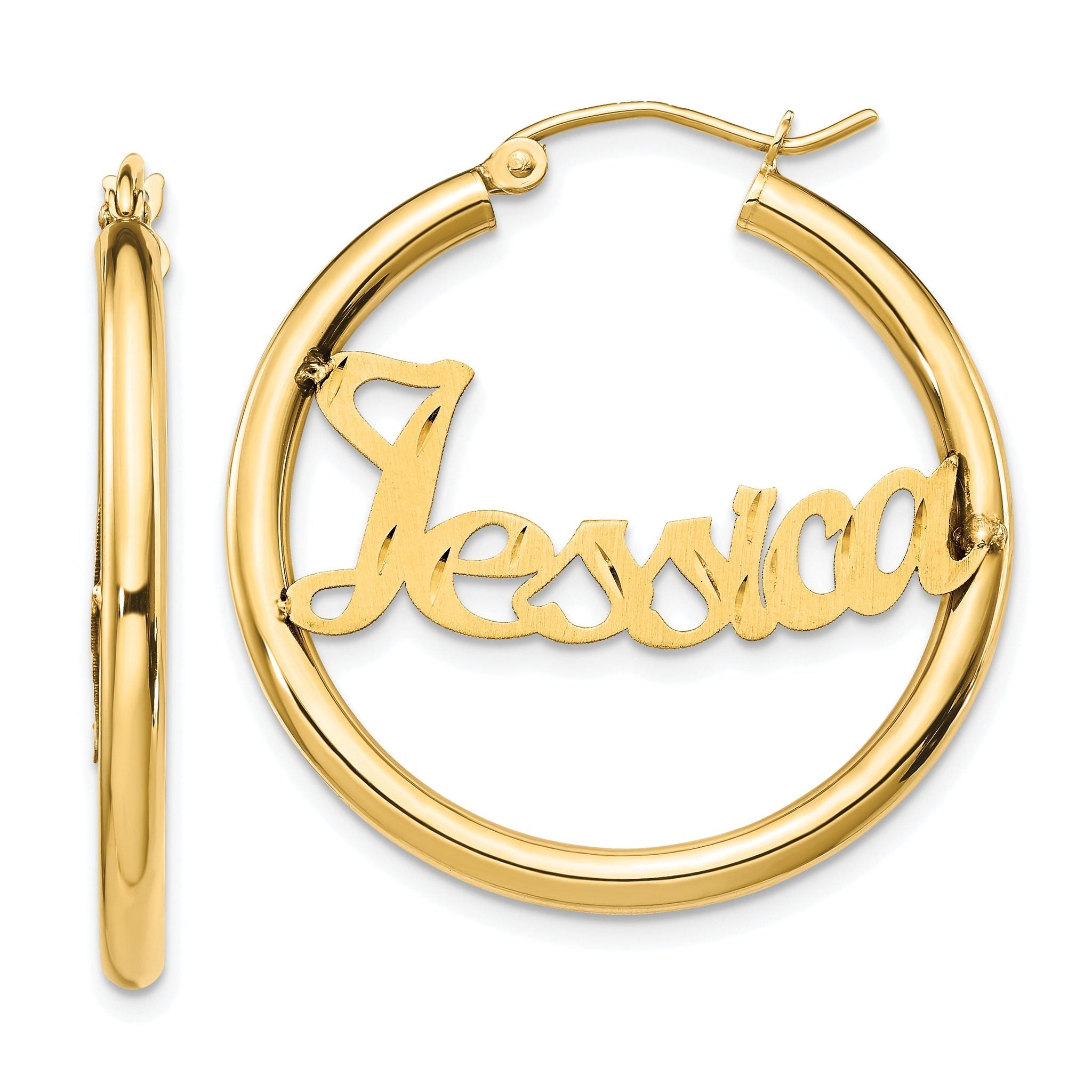 14K Satin and Diamond Cut Name Plate Hoop Earrings