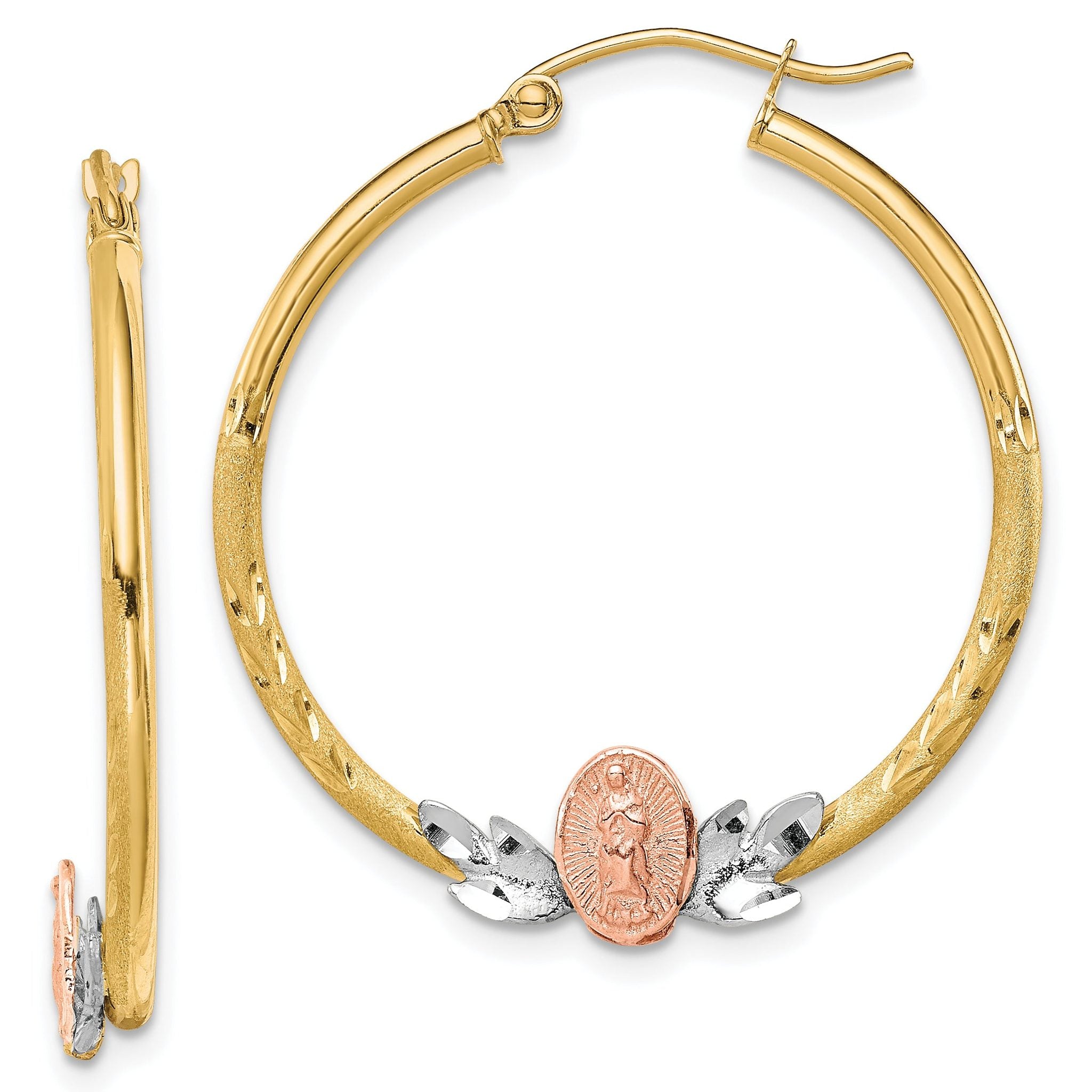 10K Tri-Color Gold Guadalupe Hoop Earrings with Diamond-Cut Detail