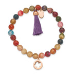Stainless Steel Polished Rose IP-plated Clover 6mm Multi Color Agate Beaded Stretch Bracelet with Tassel for Women