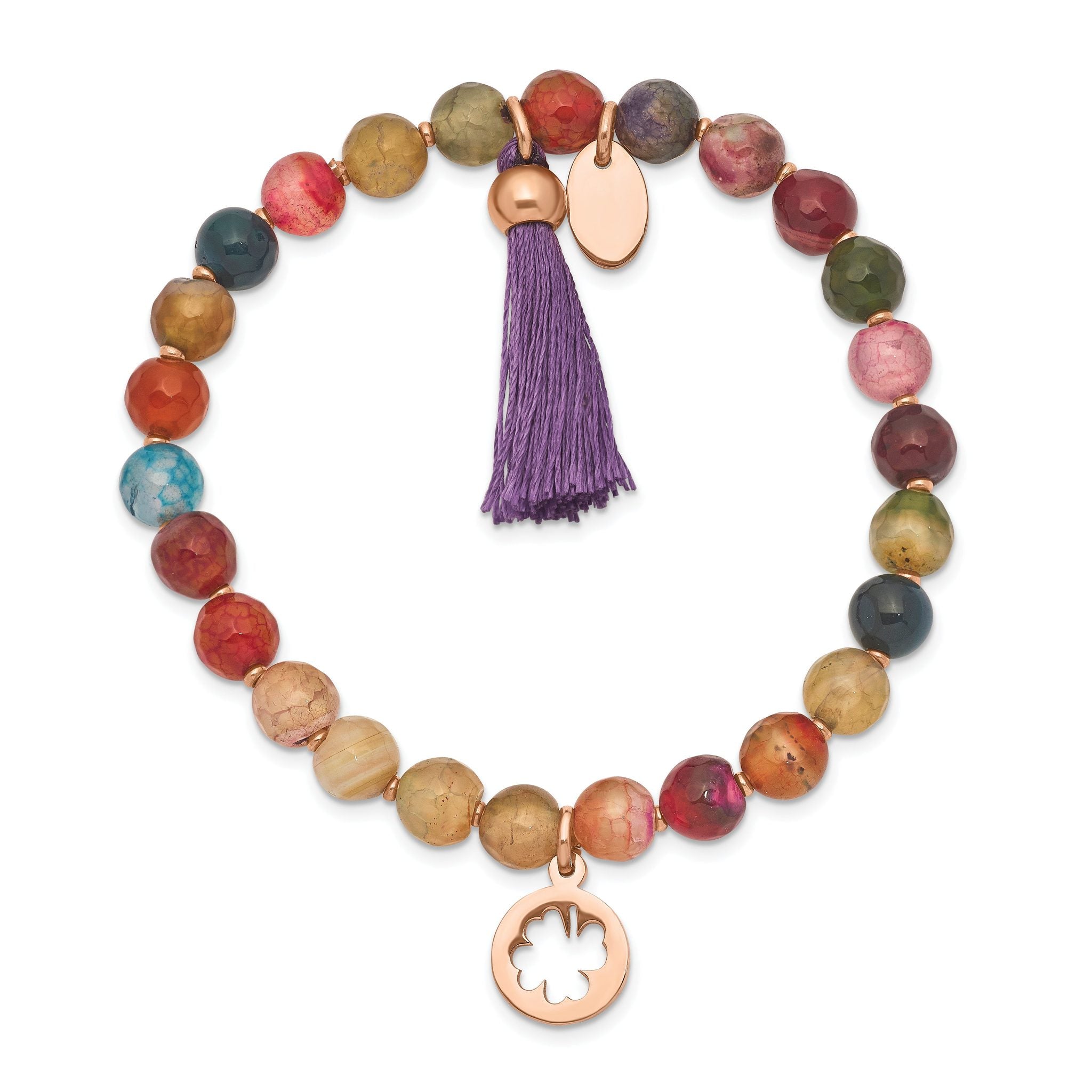 Stainless Steel Polished Rose IP-plated Clover 6mm Multi Color Agate Beaded Stretch Bracelet with Tassel for Women