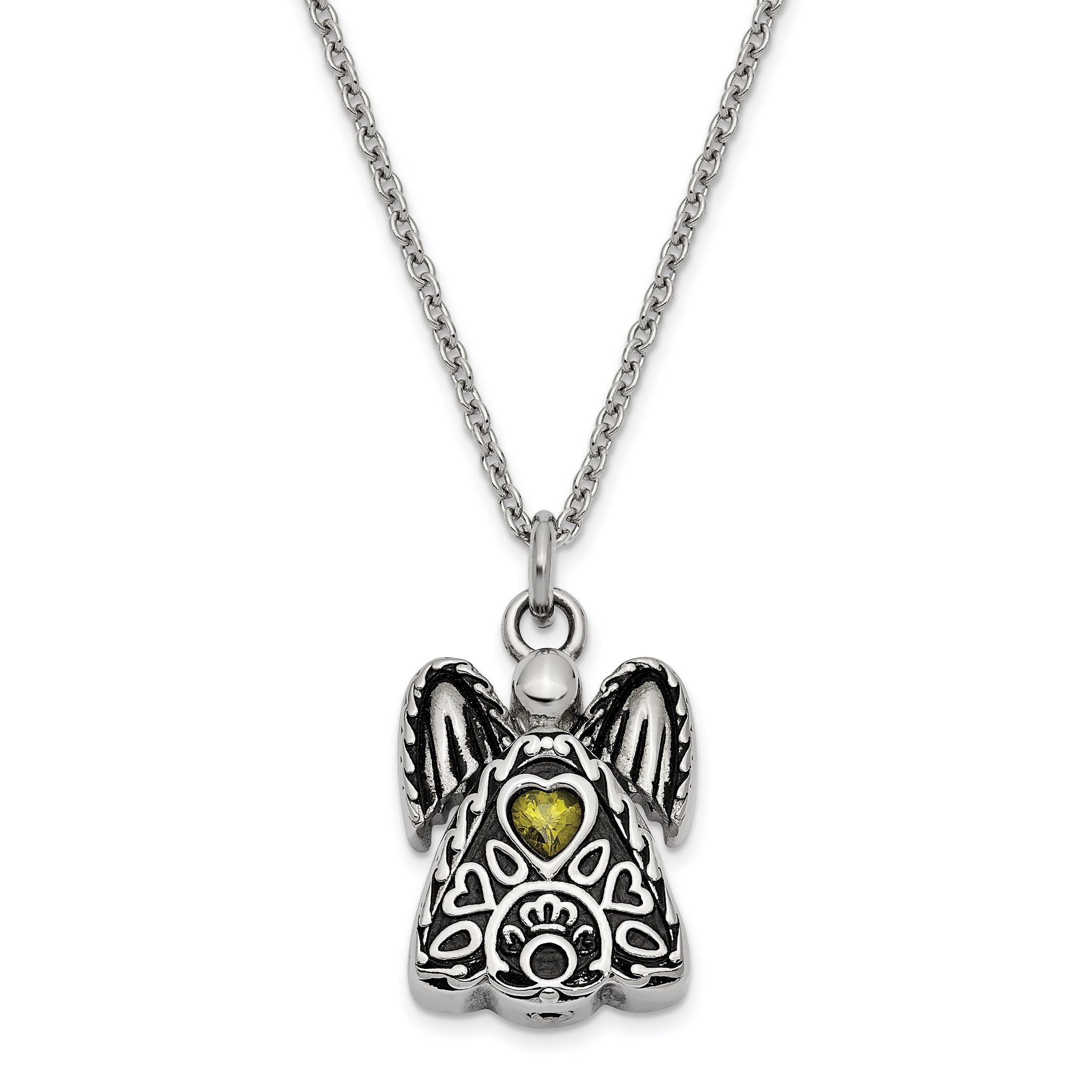 Sentimental Expressions Stainless Steel Light Green CZ August Birthstone Antiqued Angel Ash Holder 18 Inch Necklace Main image