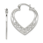 Sterling Silver Filigree Heart Hoop Earrings, Polished & Anti-Tarnish Finish