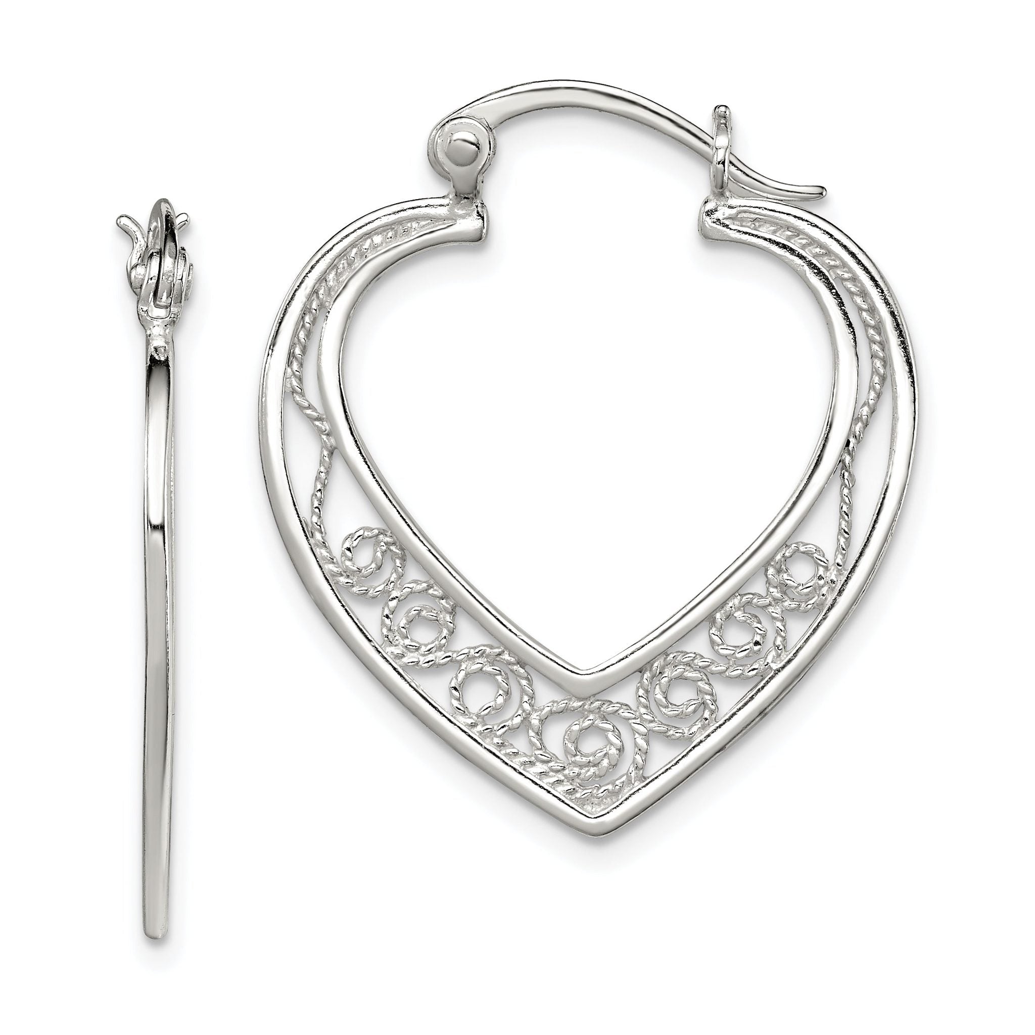 Sterling Silver Filigree Heart Hoop Earrings, Polished & Anti-Tarnish Finish